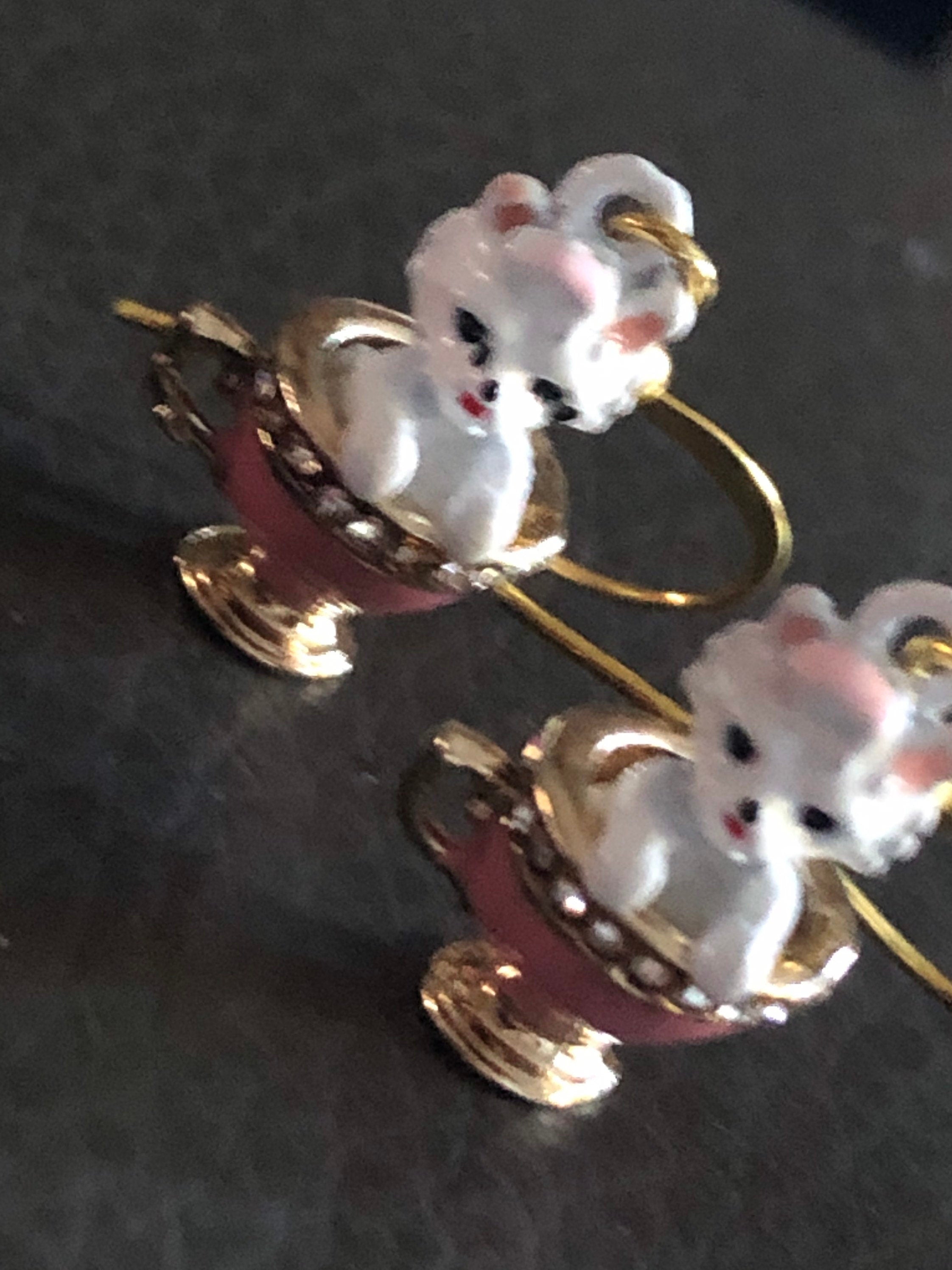 Kittens in teacups small drop earrings, PINK enamel diamanté