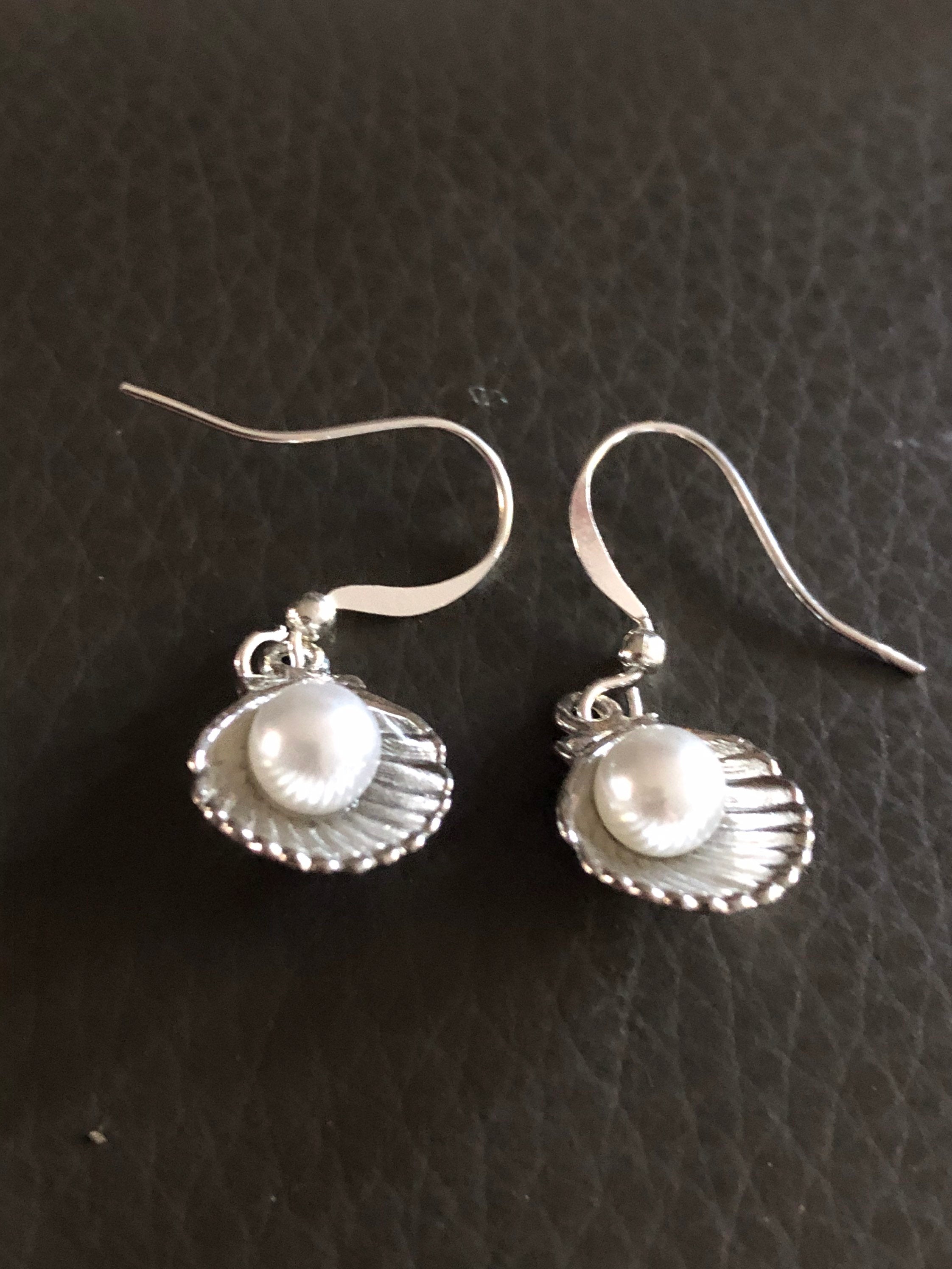 oyster with faux pearl earrings silver small drop shell pierced ears