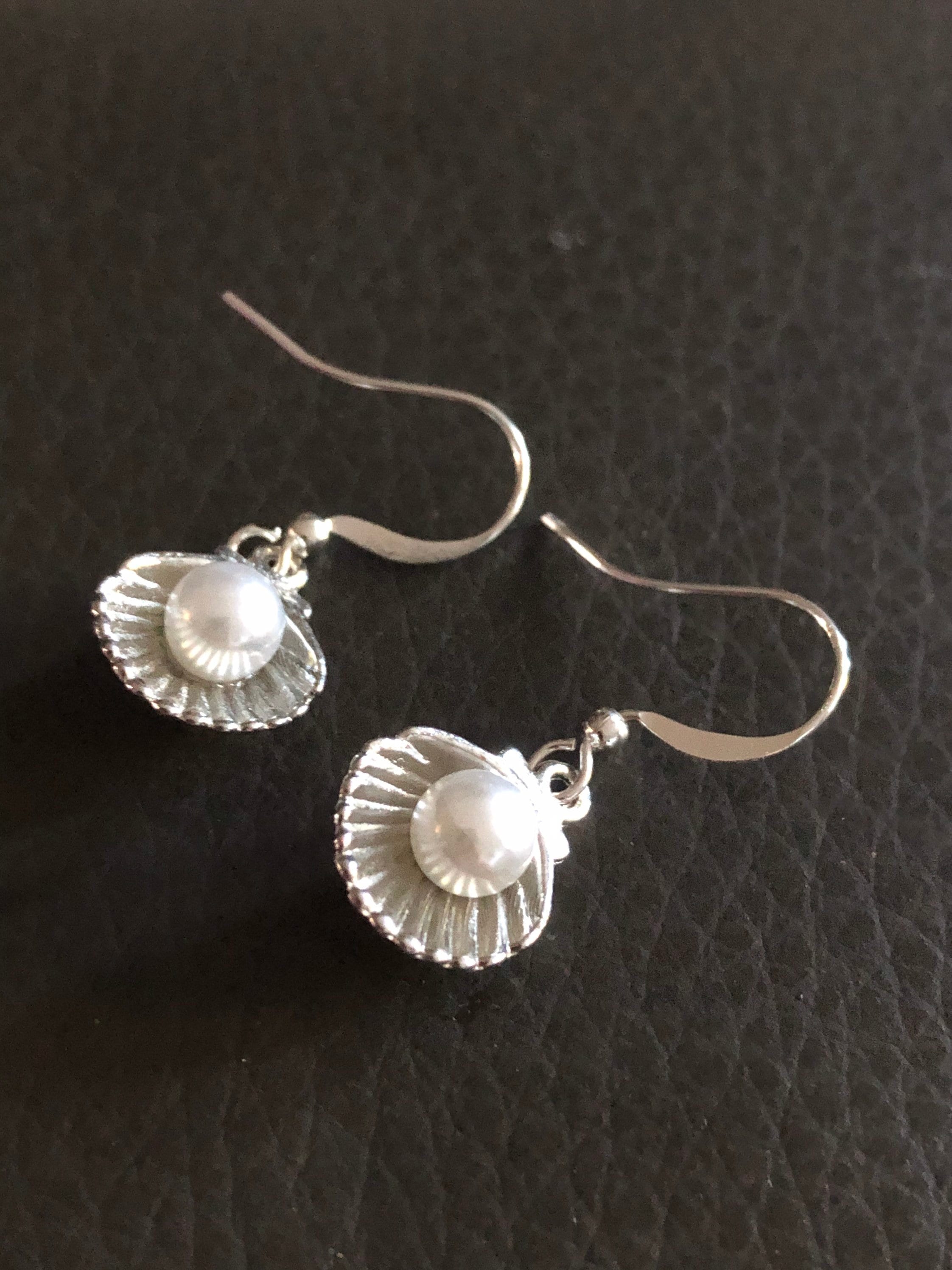 oyster with faux pearl earrings silver small drop shell pierced ears