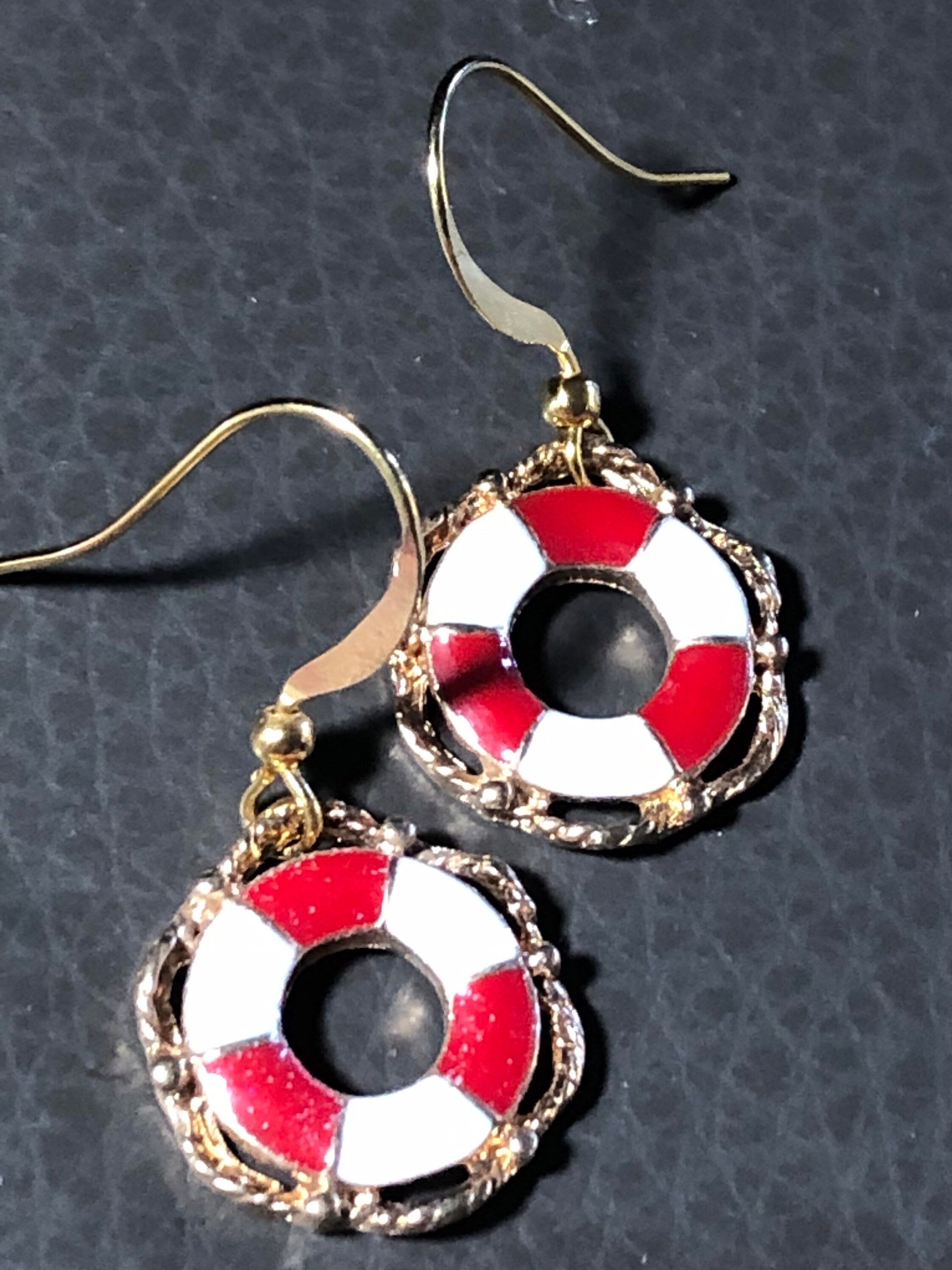 nautical red white enamel life ring bouy earrings small drops pierced gold tone
