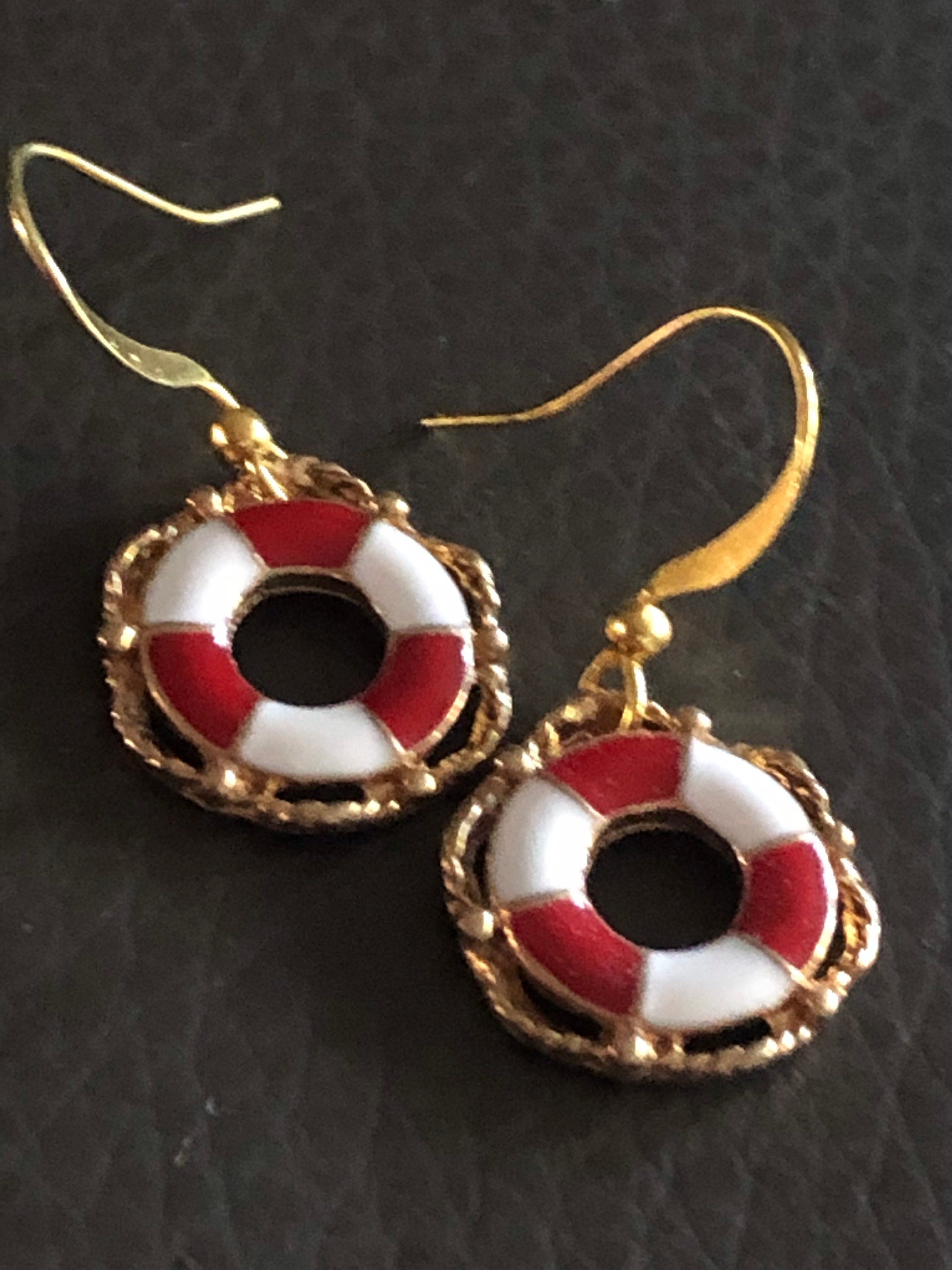 nautical red white enamel life ring bouy earrings small drops pierced gold tone