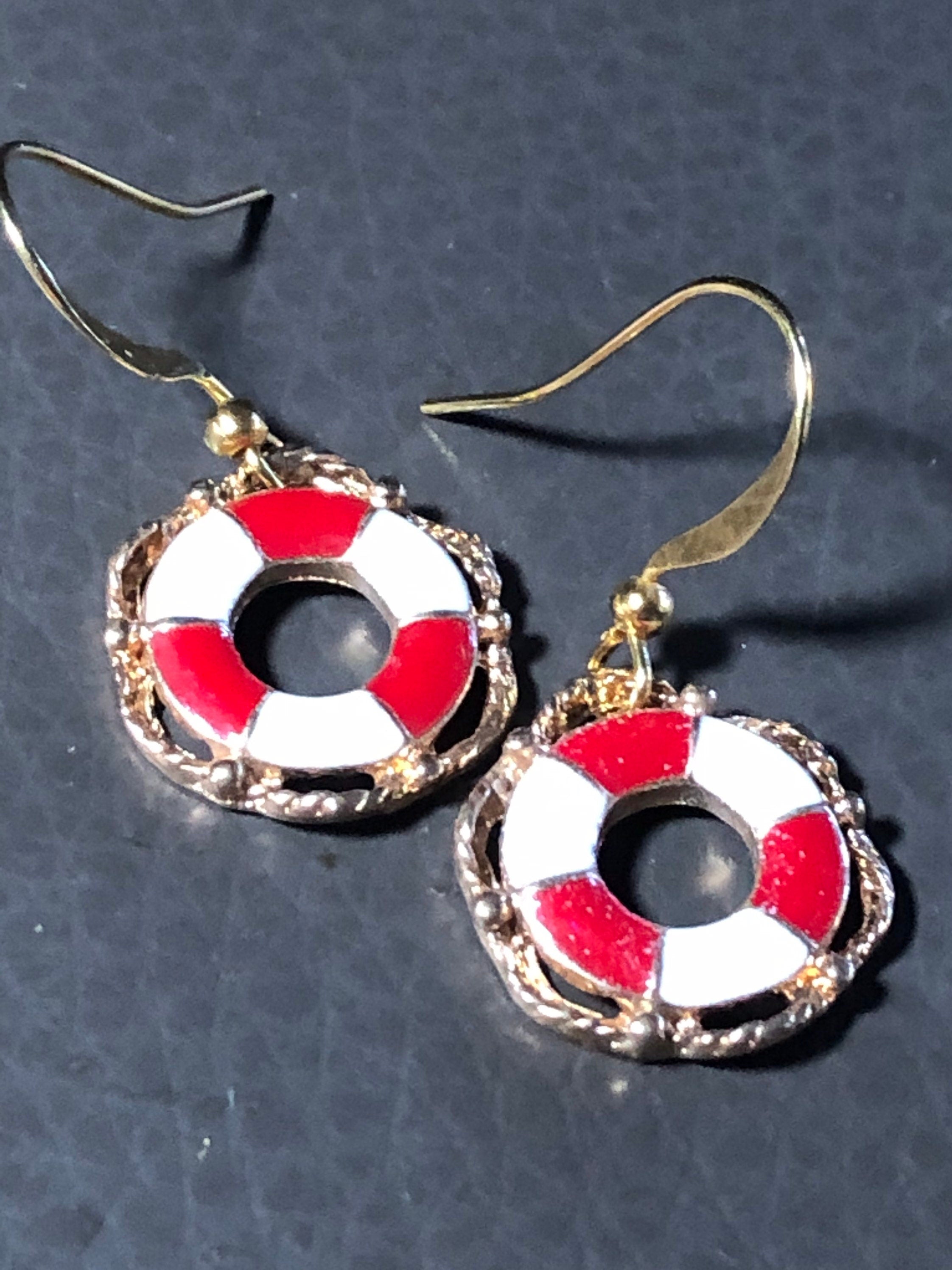 nautical red white enamel life ring bouy earrings small drops pierced gold tone