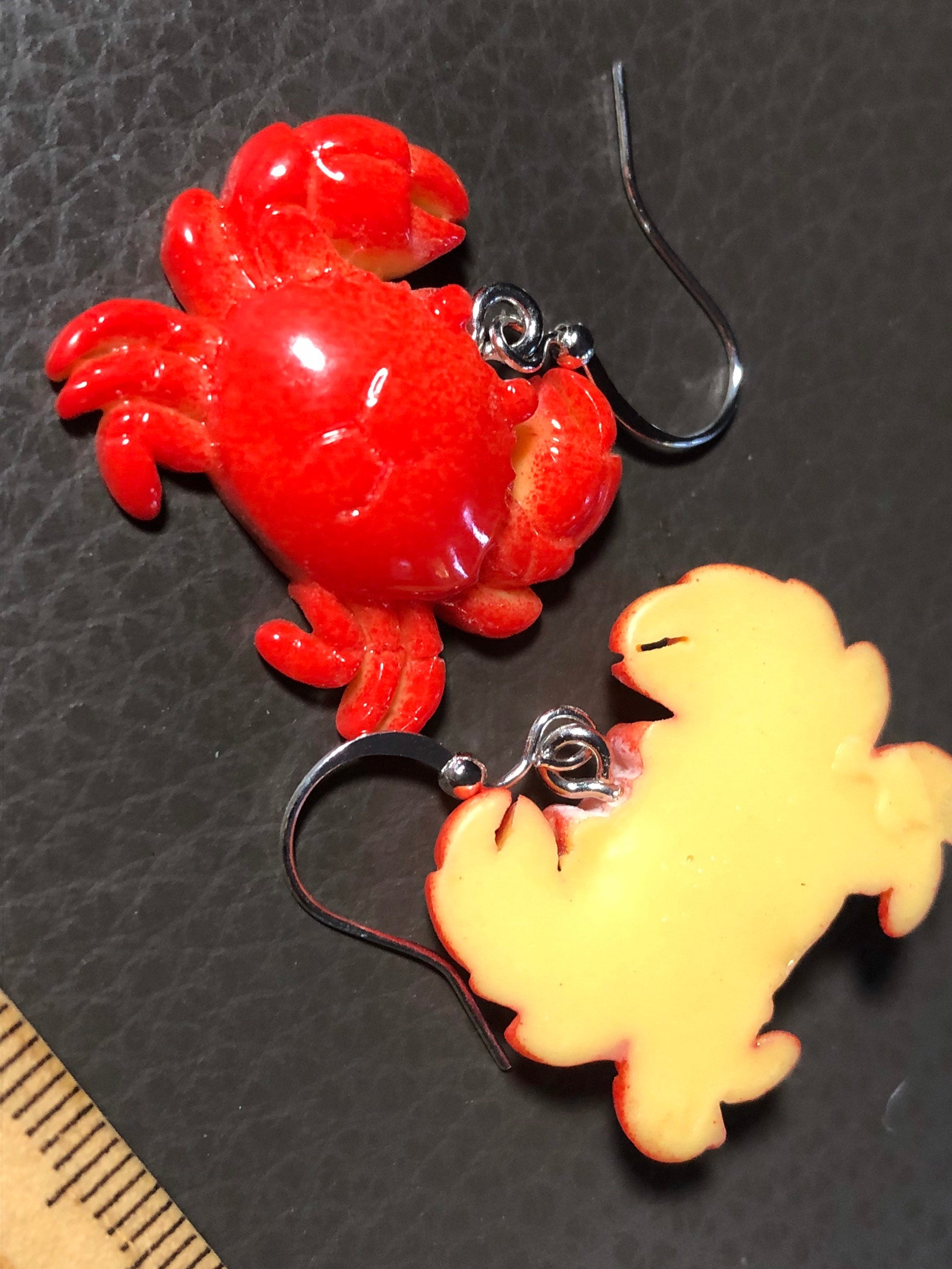 Nautical crab earrings Handmade novelty orange red gold plastic