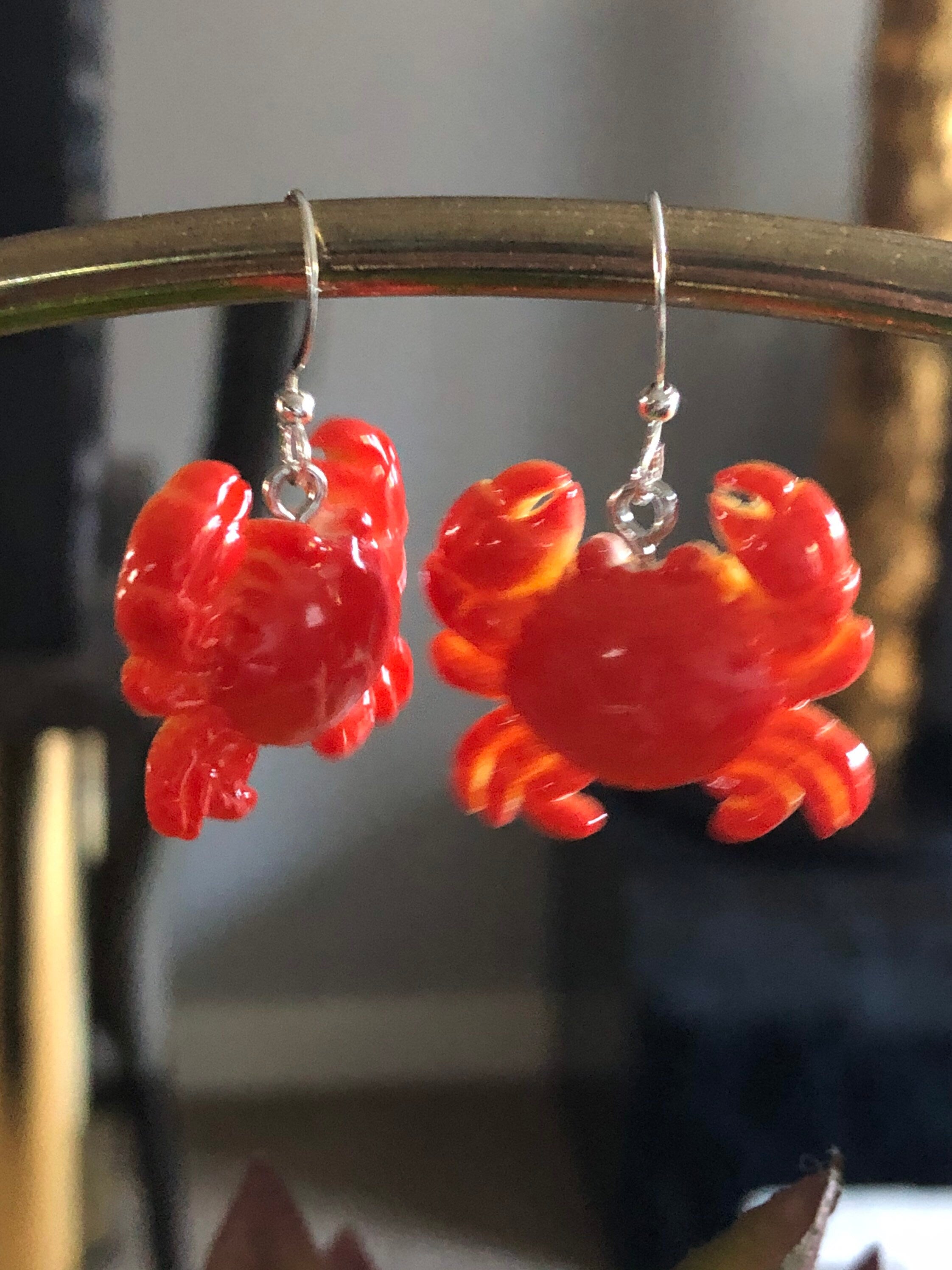Nautical crab earrings Handmade novelty orange red gold plastic