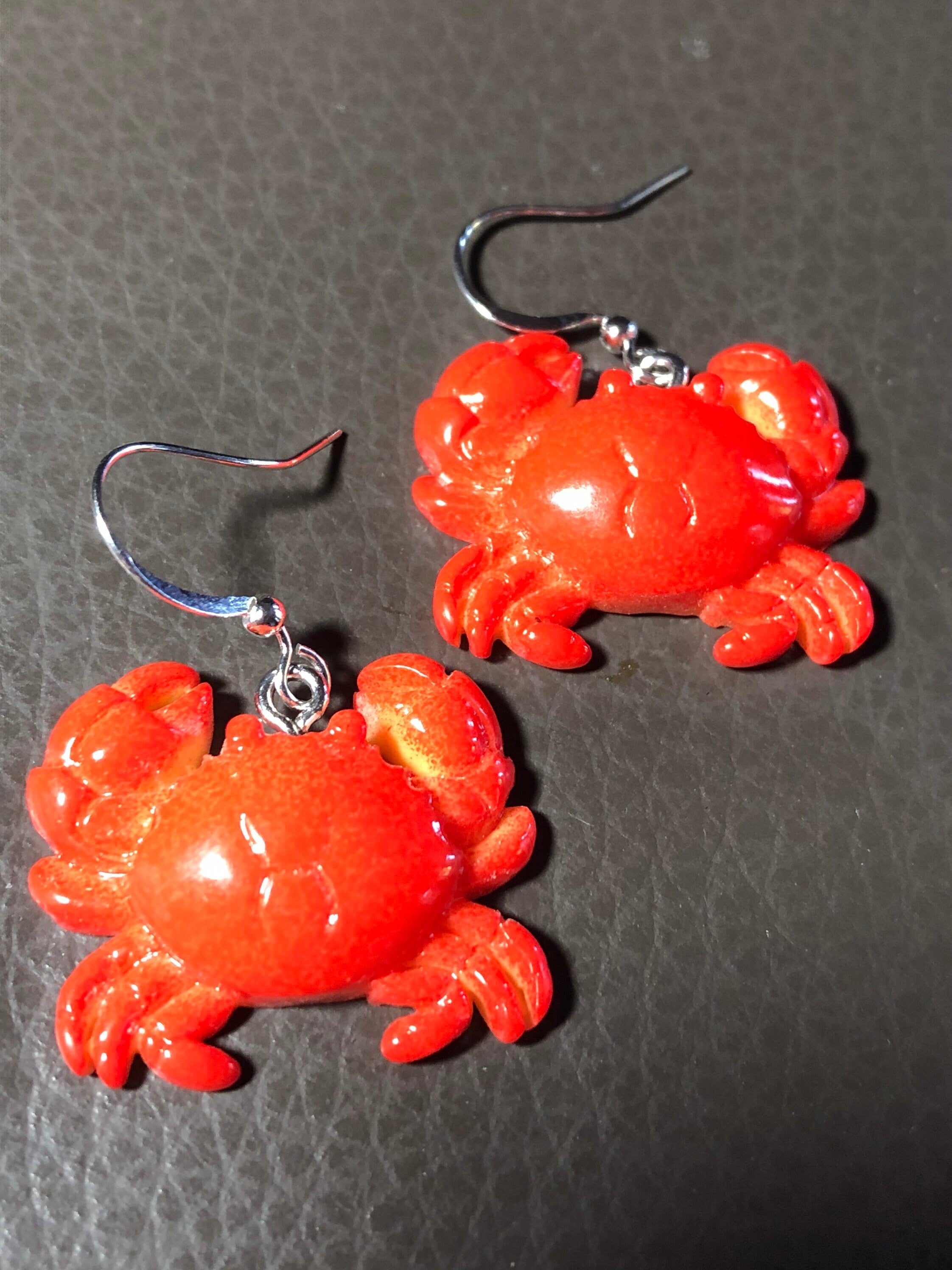 Nautical crab earrings Handmade novelty orange red gold plastic