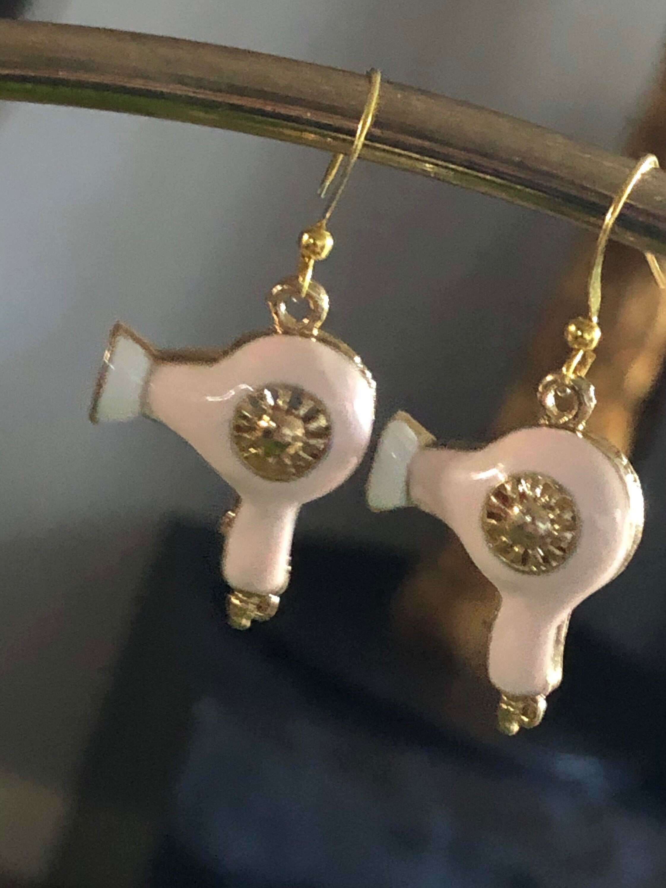 gold tone blush pink enamel diamanté hairdryer drop earrings