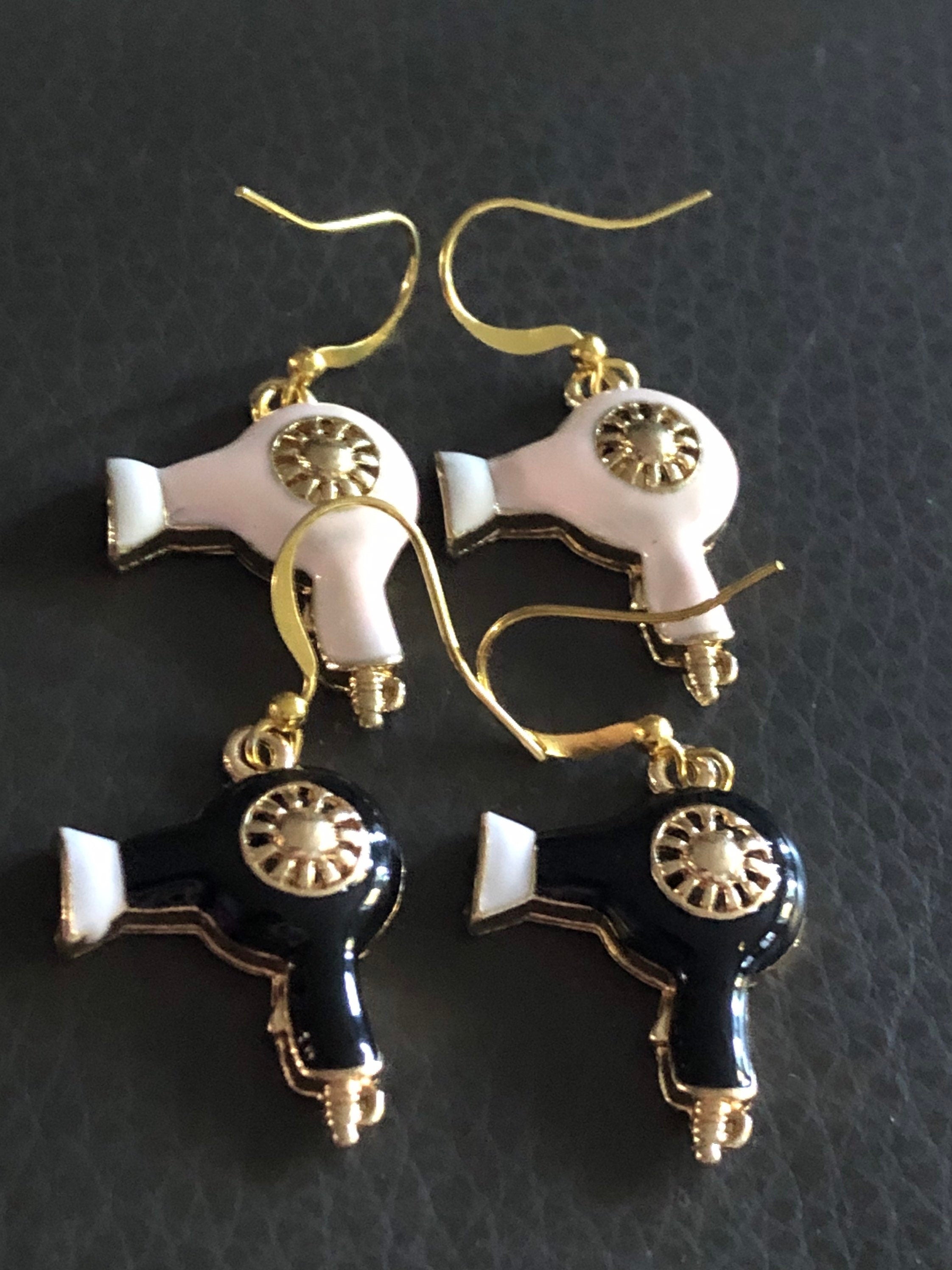 gold tone blush pink enamel diamanté hairdryer drop earrings