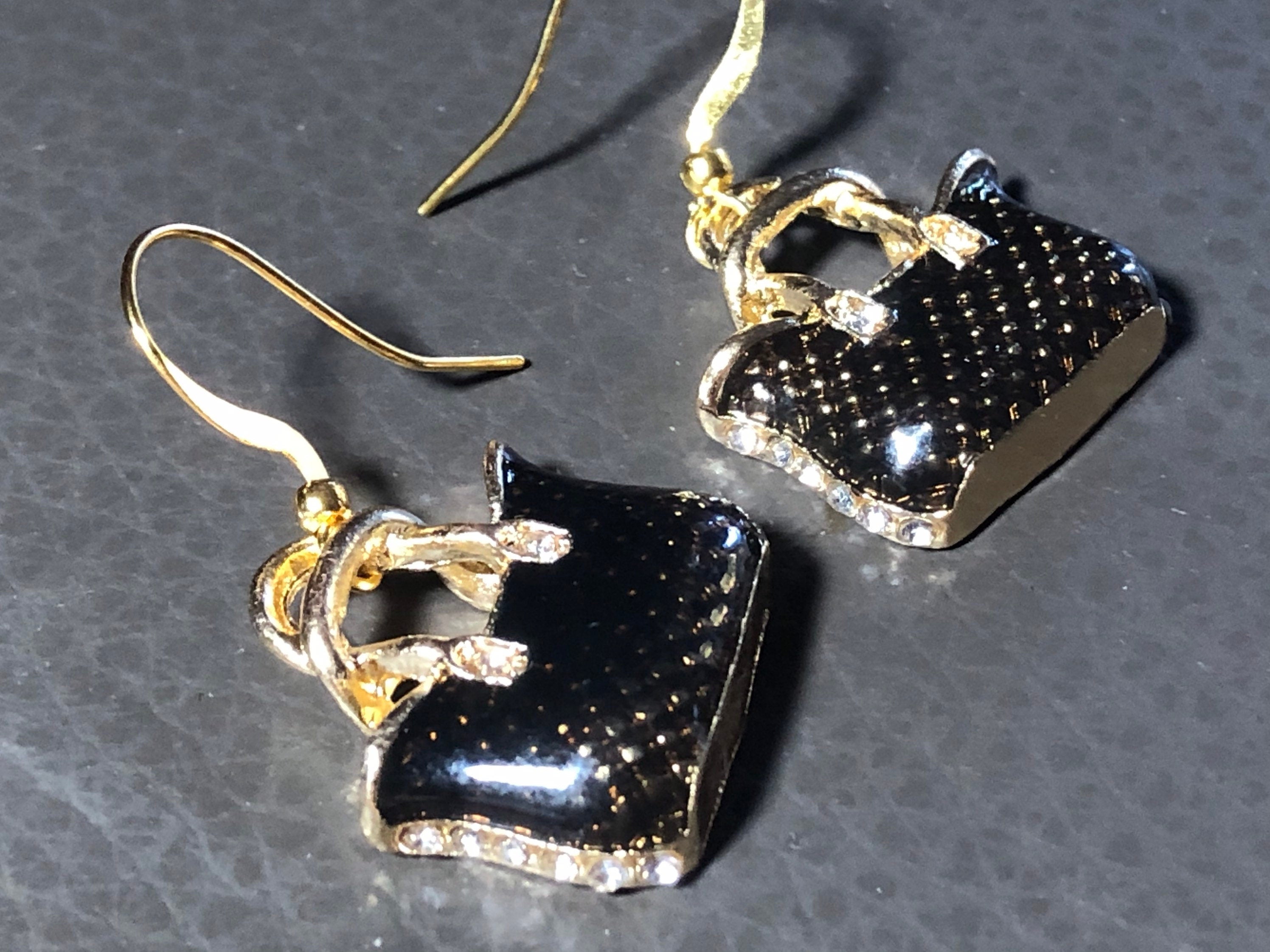 tote bag earrings gold tone black enamel rhinestone handbag drop earrings