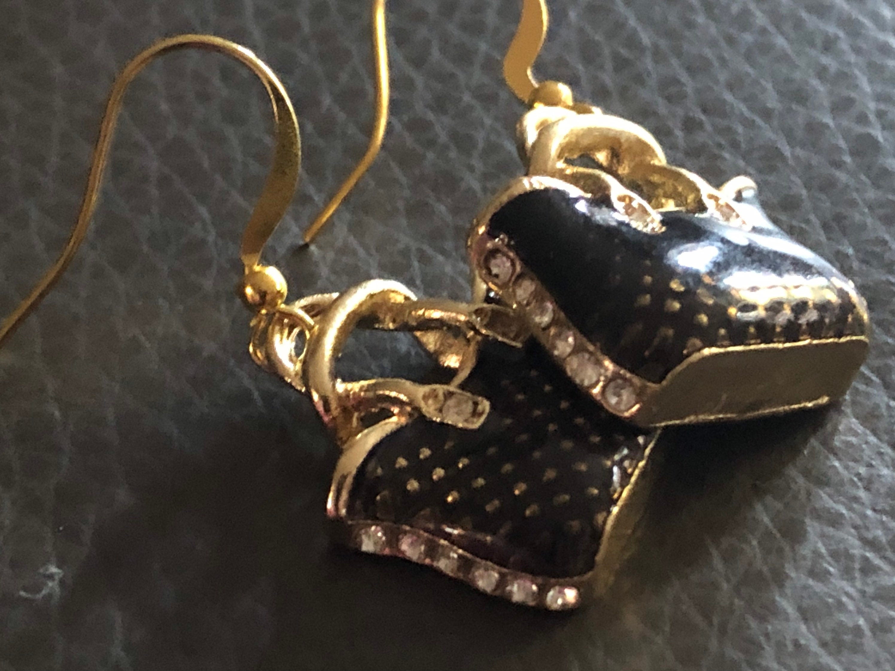 tote bag earrings gold tone black enamel rhinestone handbag drop earrings