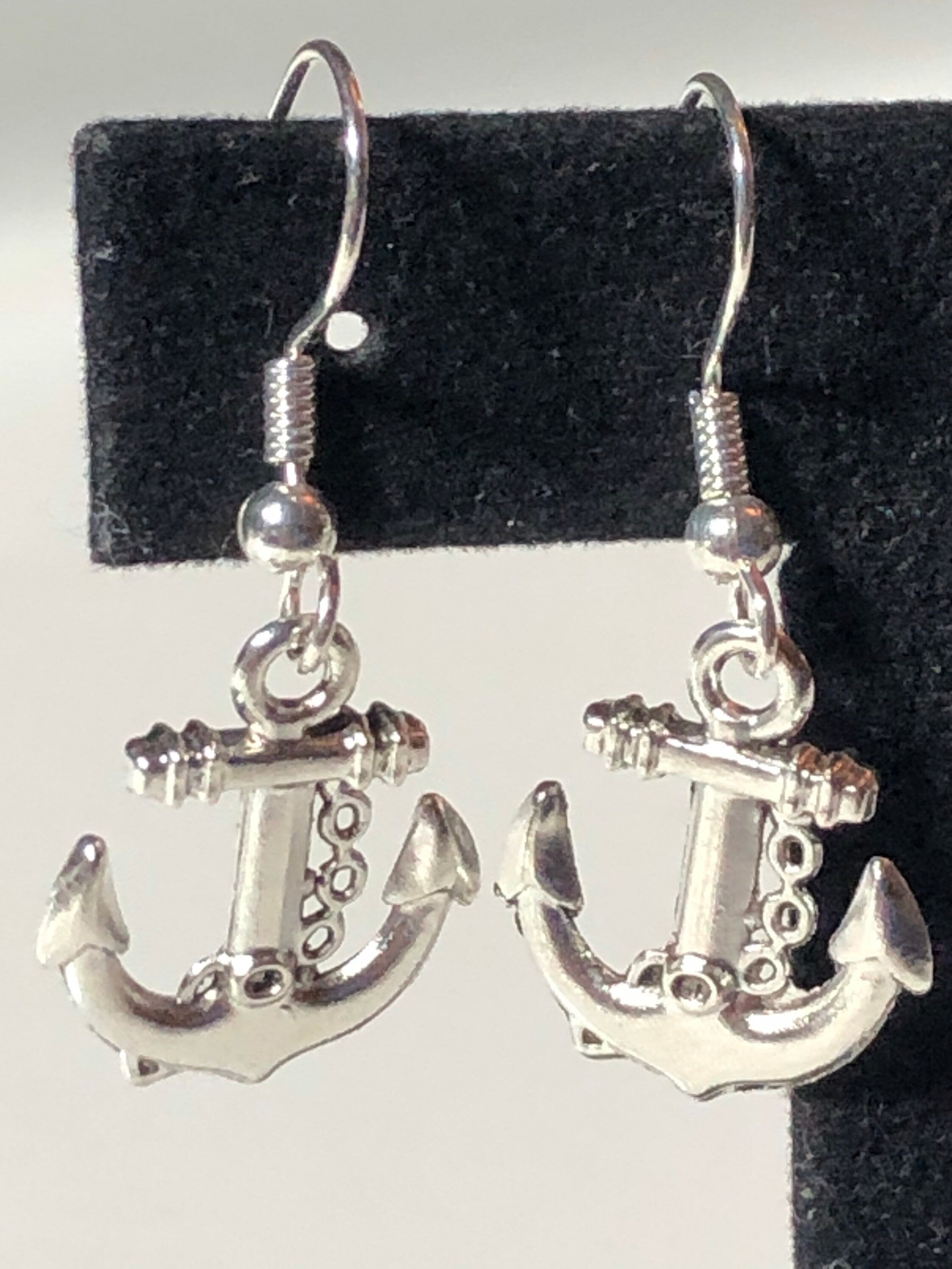 silver tone nautical anchor small drop earrings