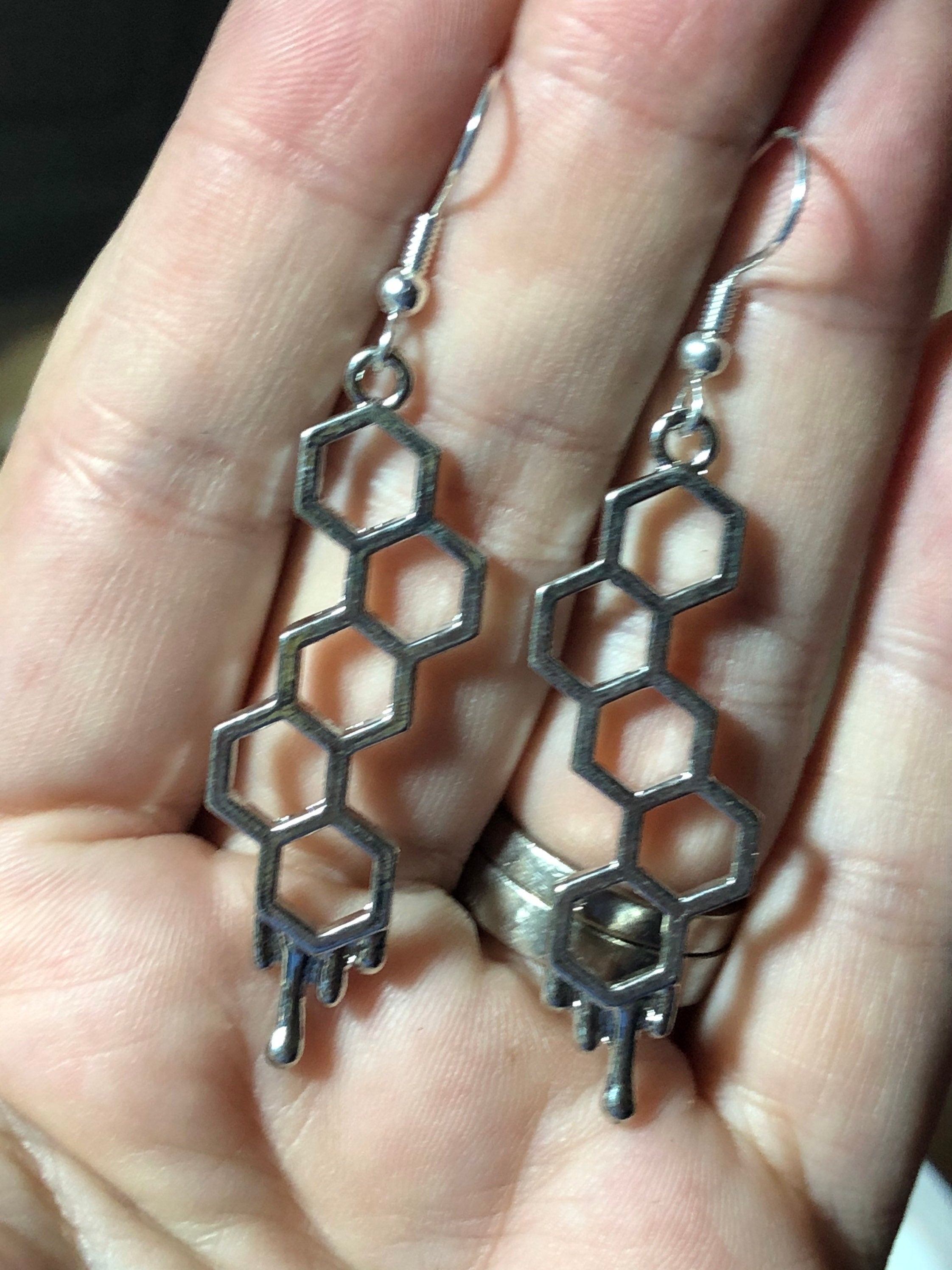bumble bee drop earrings Silver dripping honeycomb