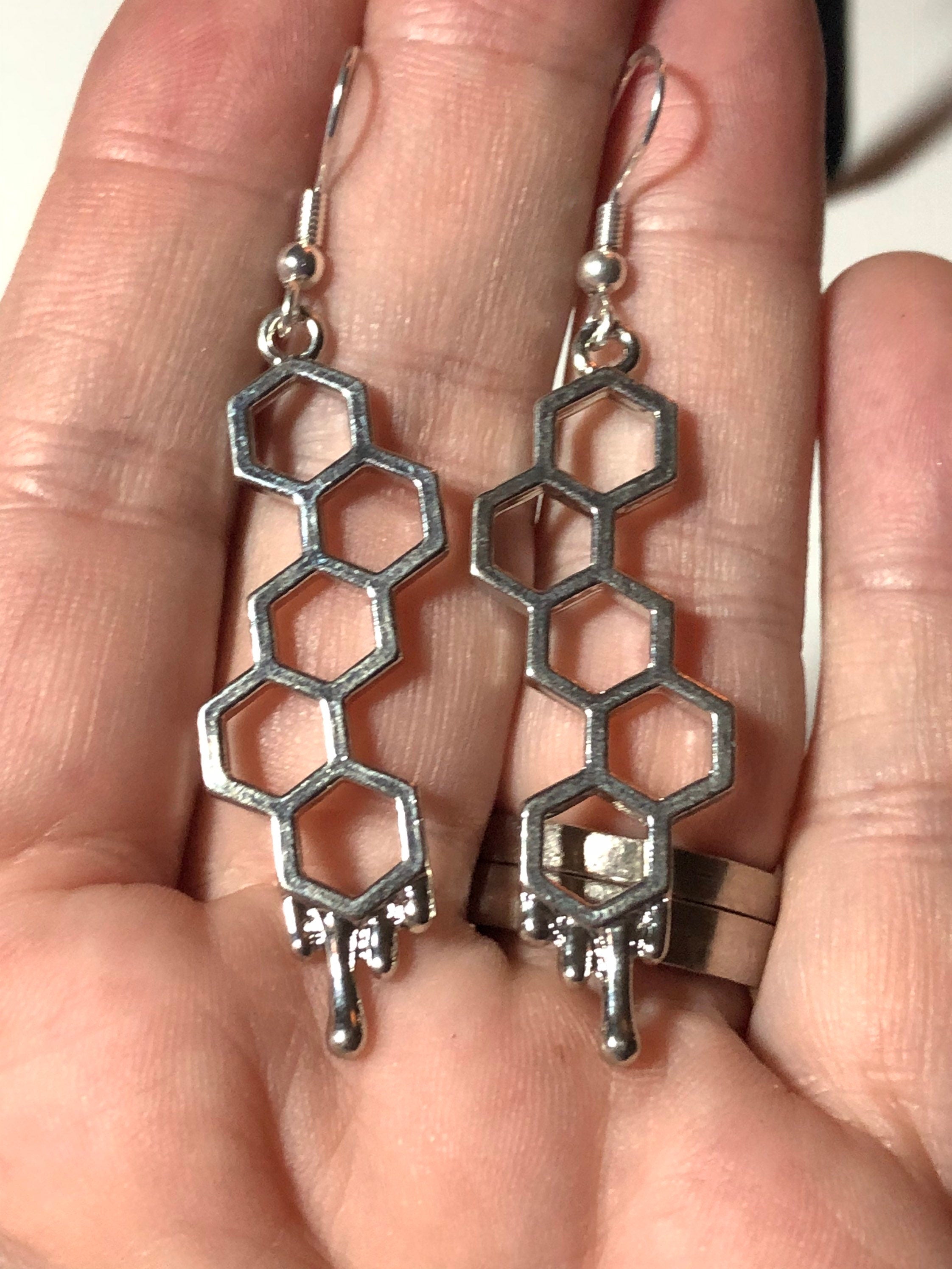 bumble bee drop earrings Silver dripping honeycomb