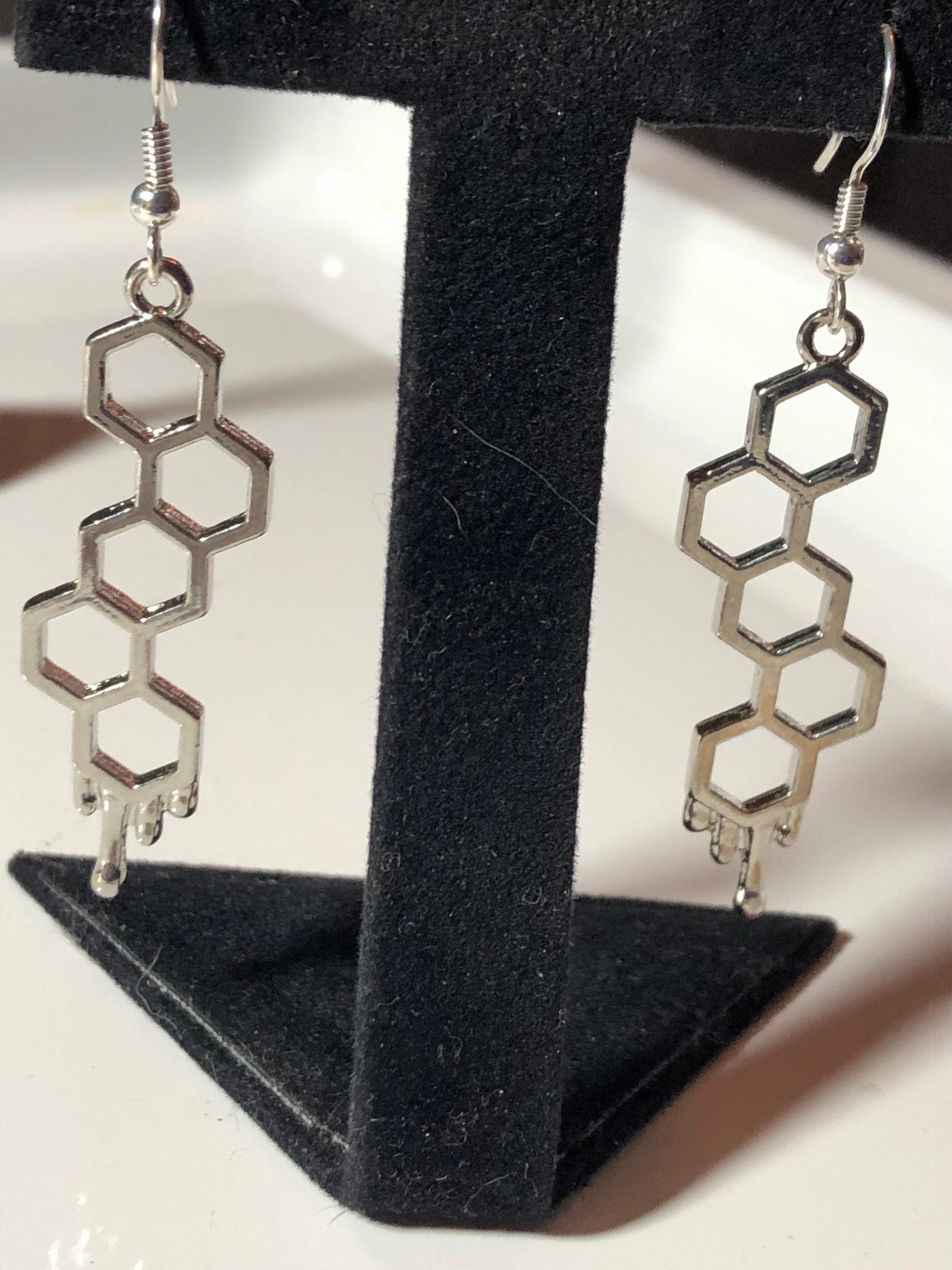 bumble bee drop earrings Silver dripping honeycomb