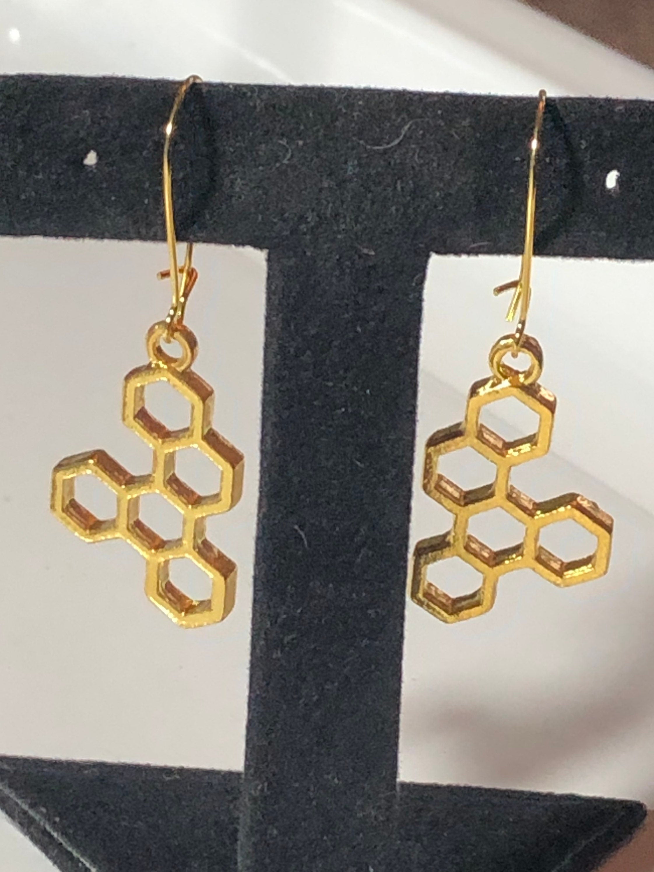 gold tone honeycomb bee cells drop earrings for pierced ears