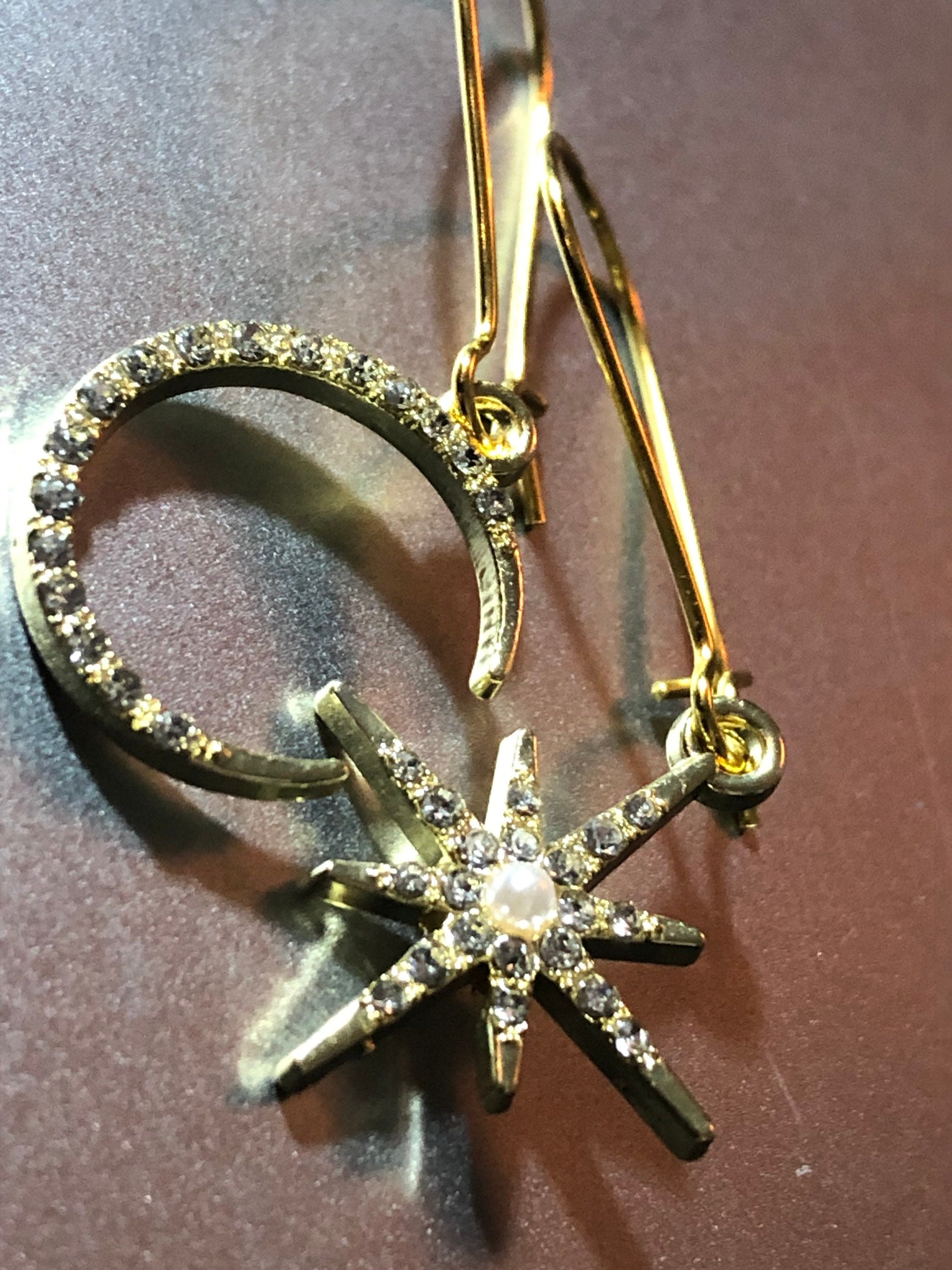 Celestial star & moon diamanté drop earrings gold tone pierced