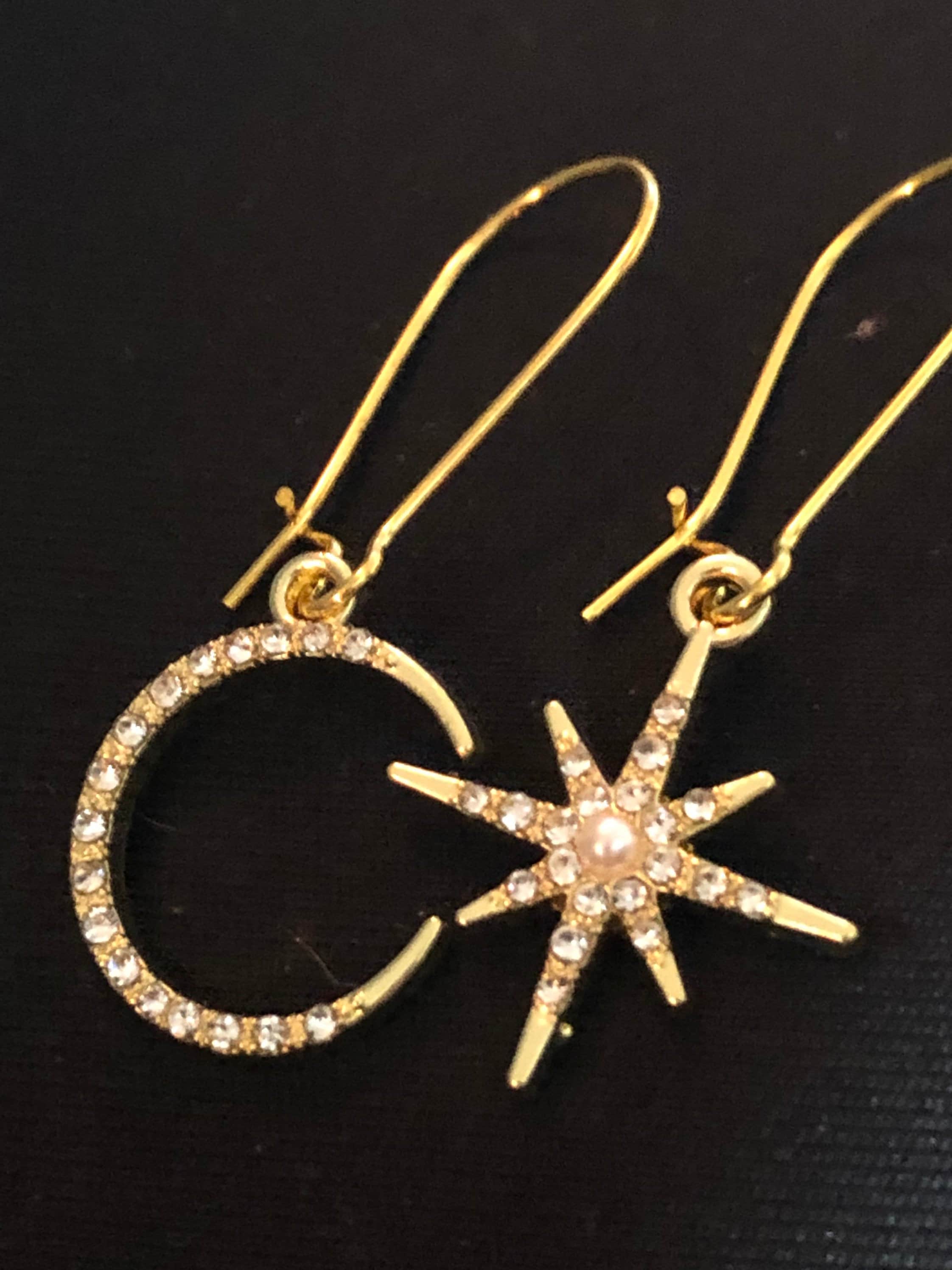 Celestial star & moon diamanté drop earrings gold tone pierced