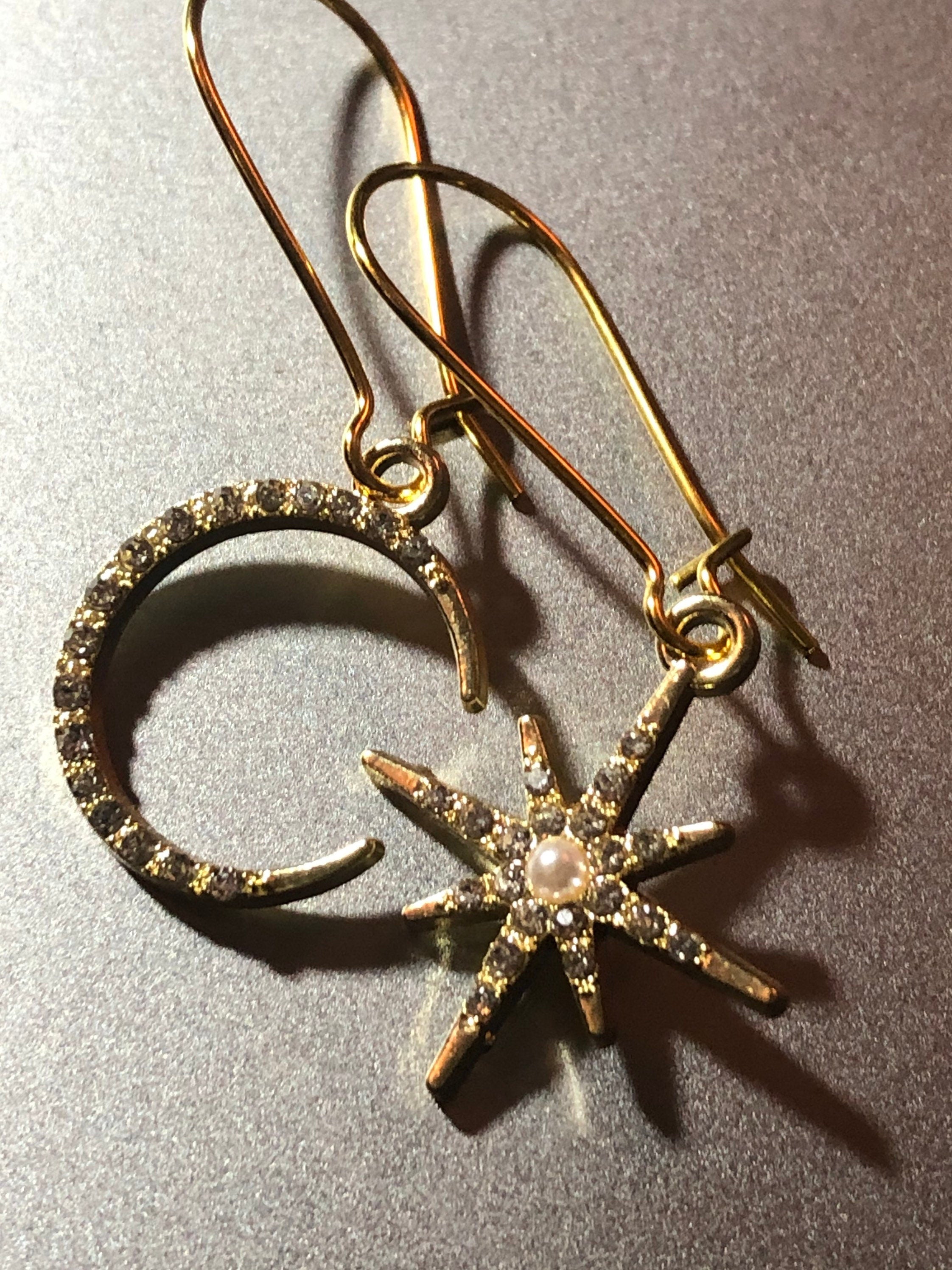 Celestial star & moon diamanté drop earrings gold tone pierced