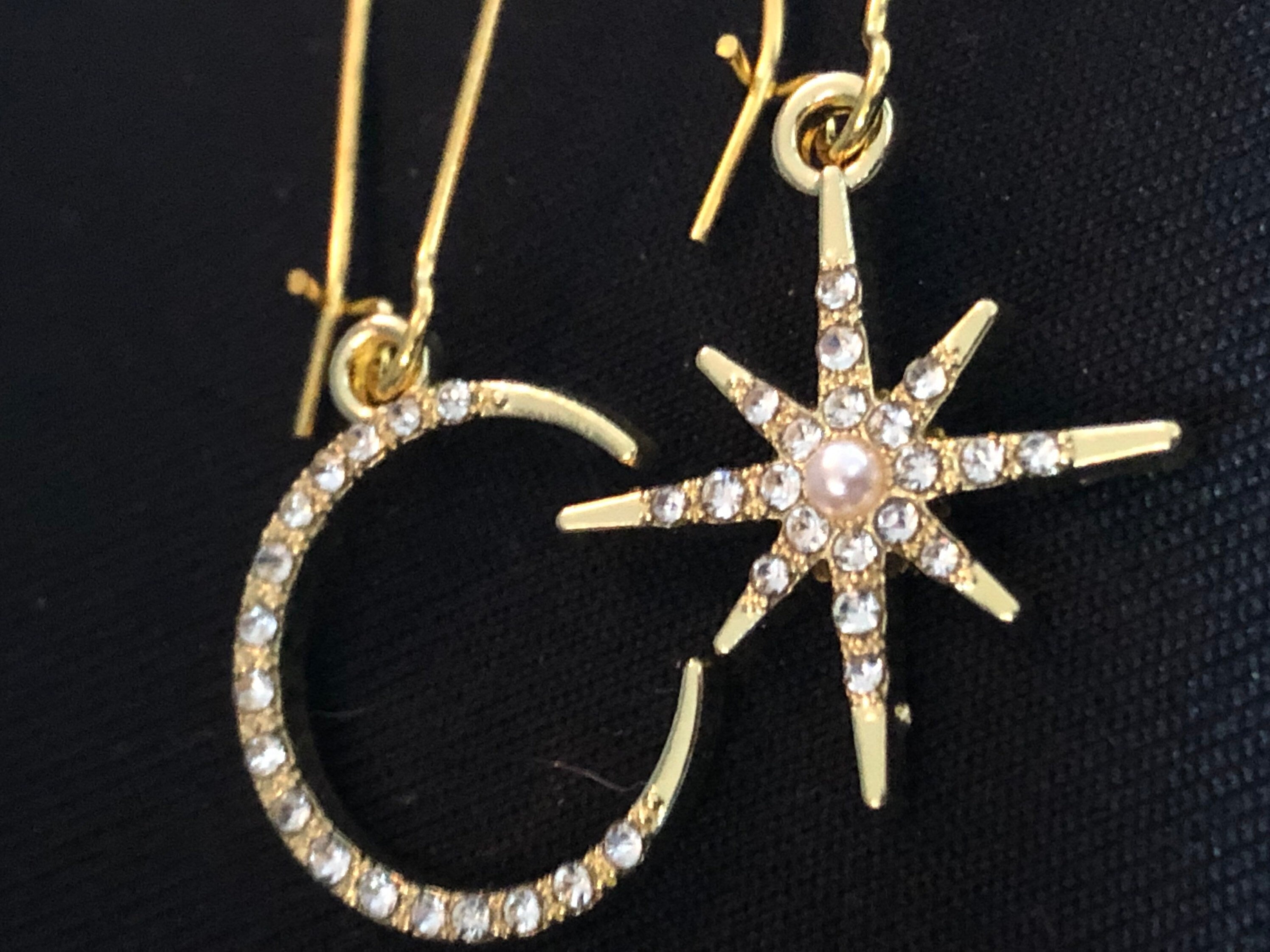 Celestial star & moon diamanté drop earrings gold tone pierced