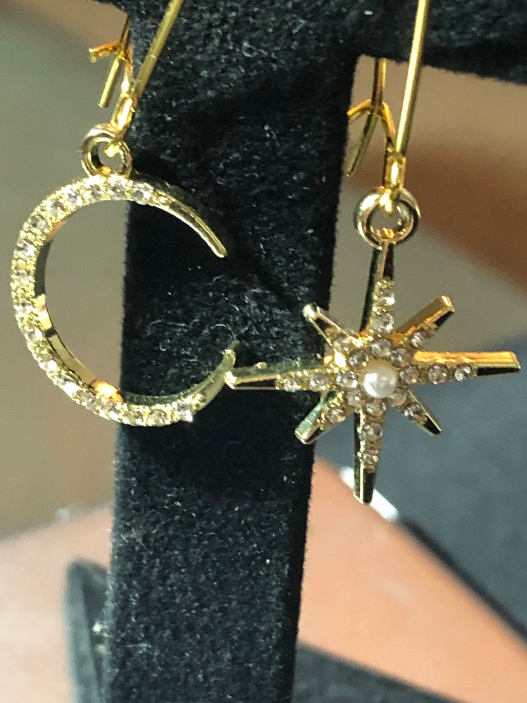 Celestial star & moon diamanté drop earrings gold tone pierced