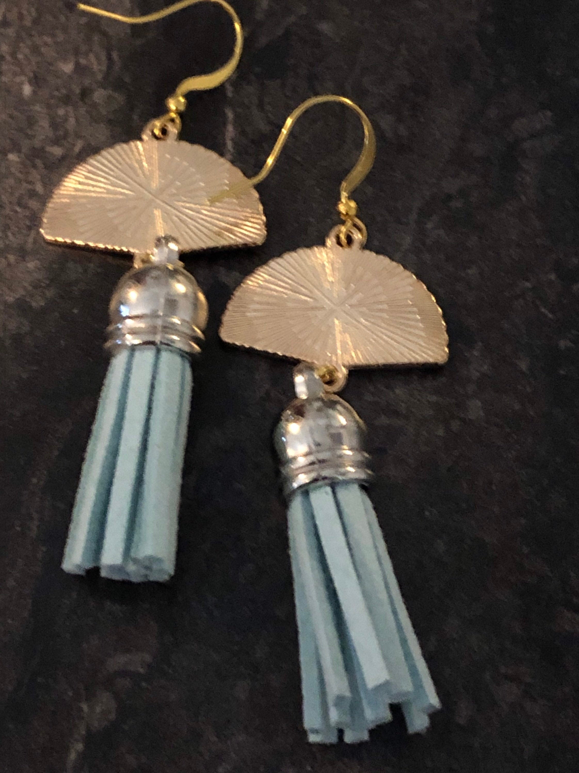 Chinese Japanese blue enamel tassel fan earrings pierced ears