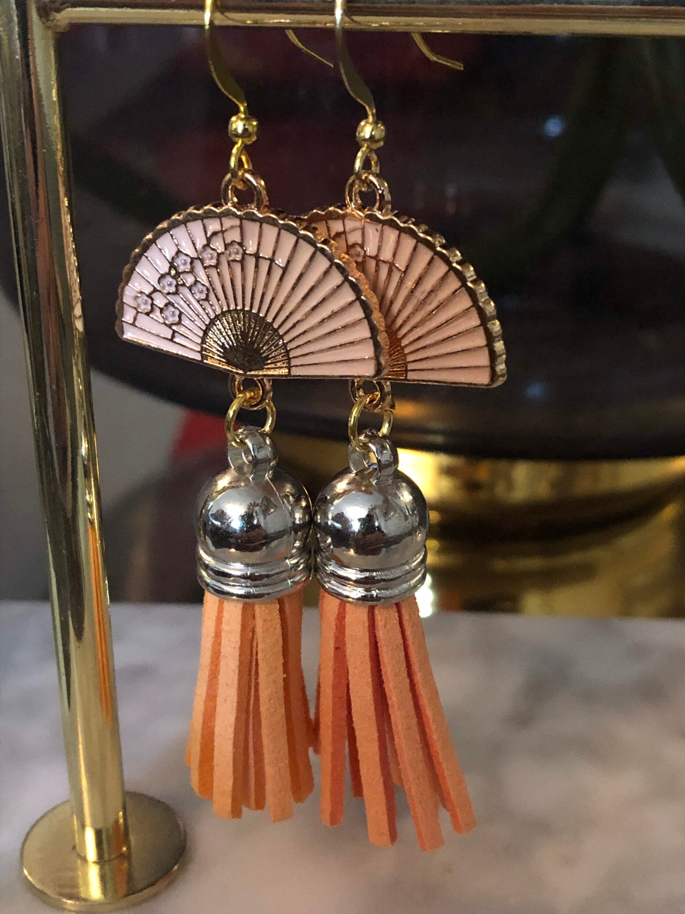 gold & silver leather tassel fan earrings Chinese Japanese orange enamel