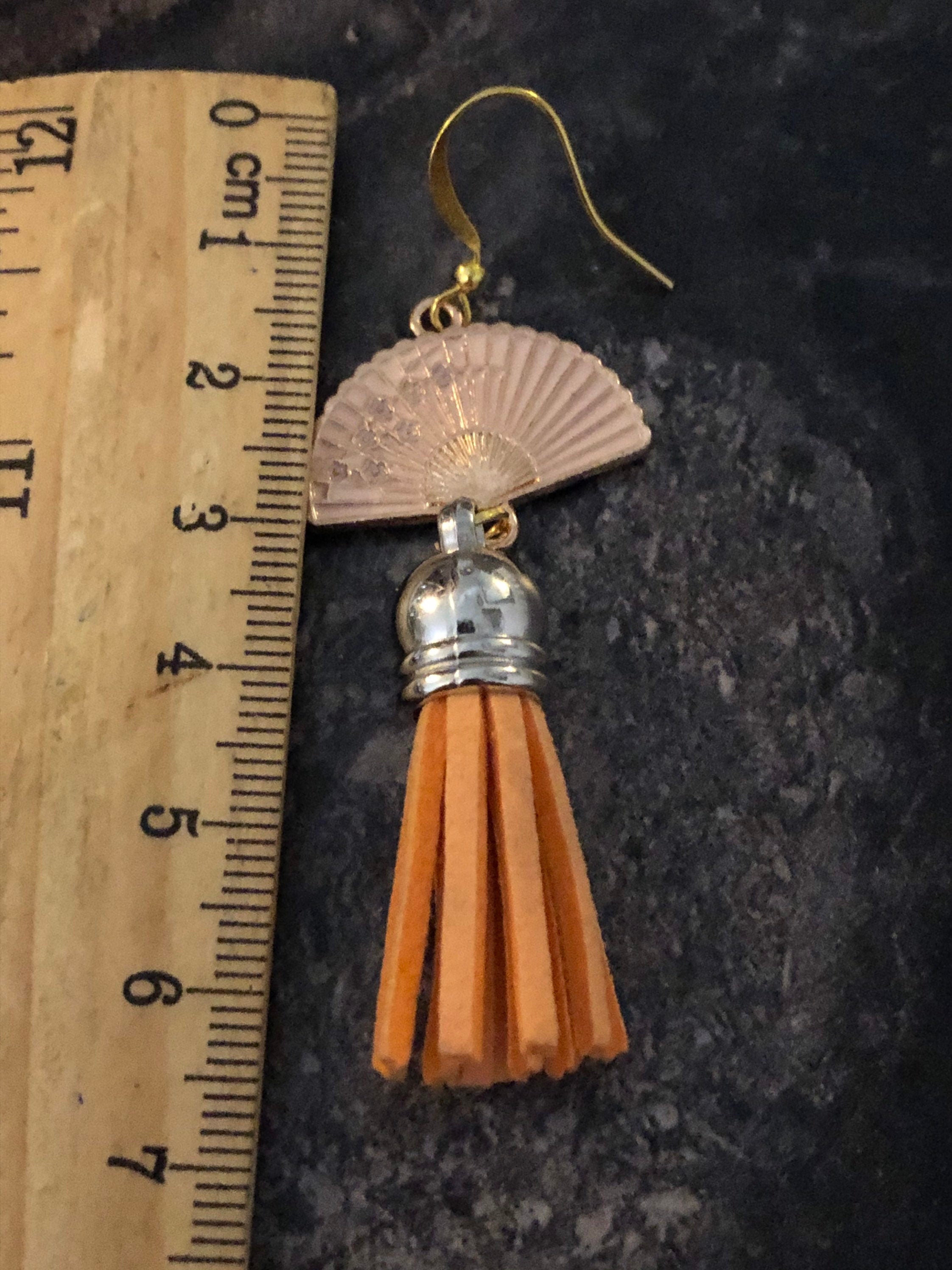 gold & silver leather tassel fan earrings Chinese Japanese orange enamel