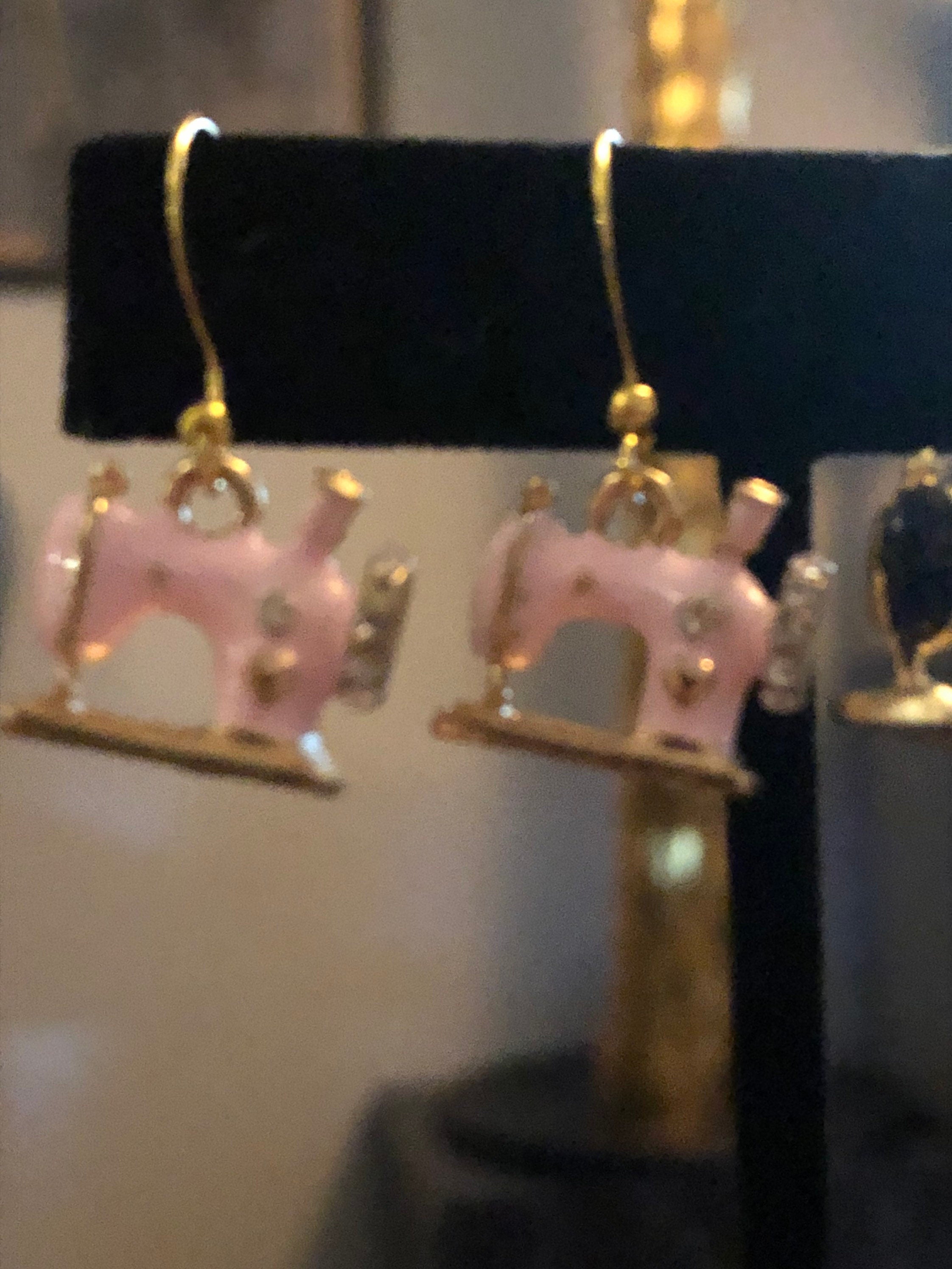 Pink enamel diamanté sewing machine earrings