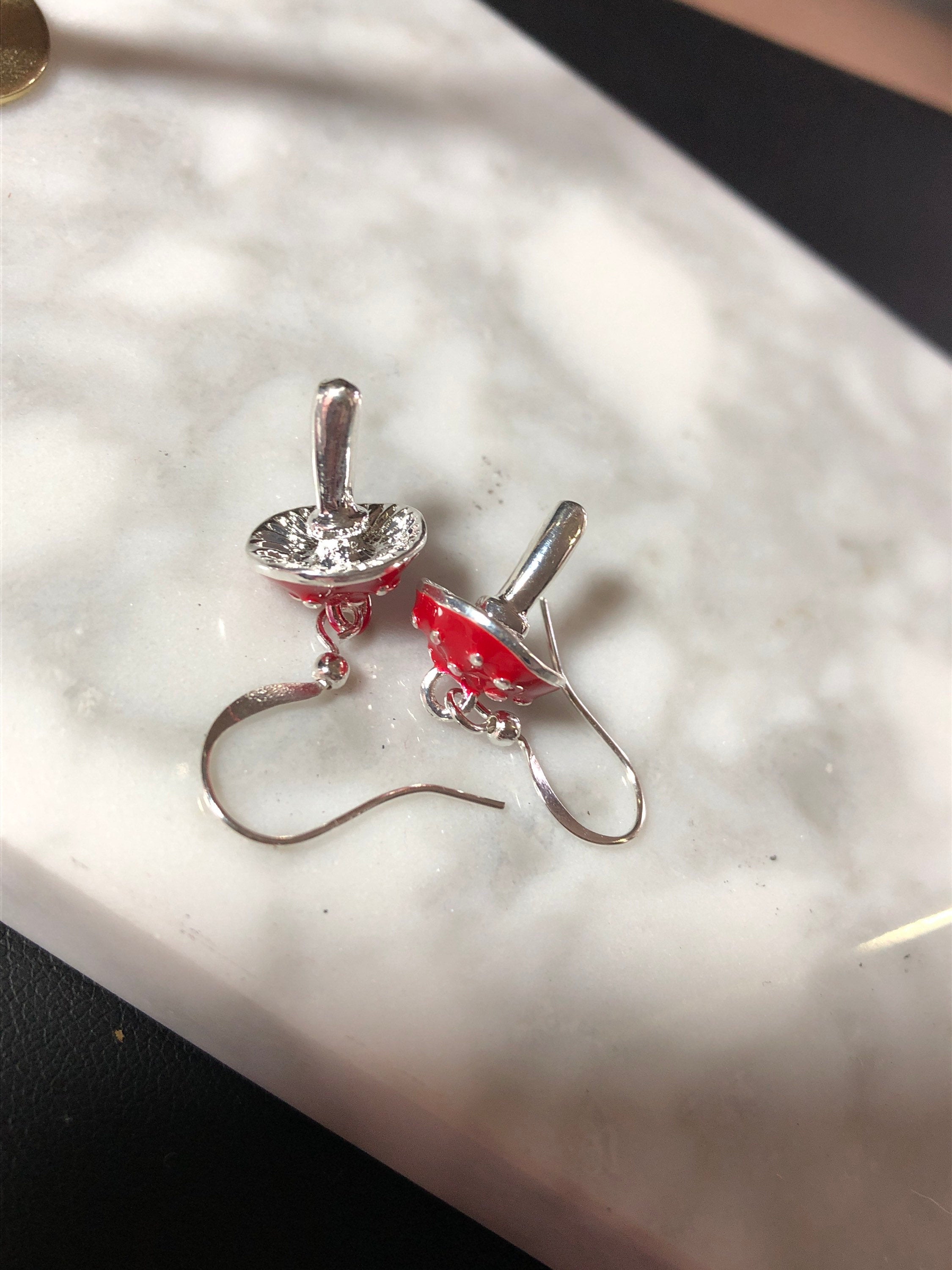 Novelty red and silver Fairy toadstool drop earrings for pierced ears