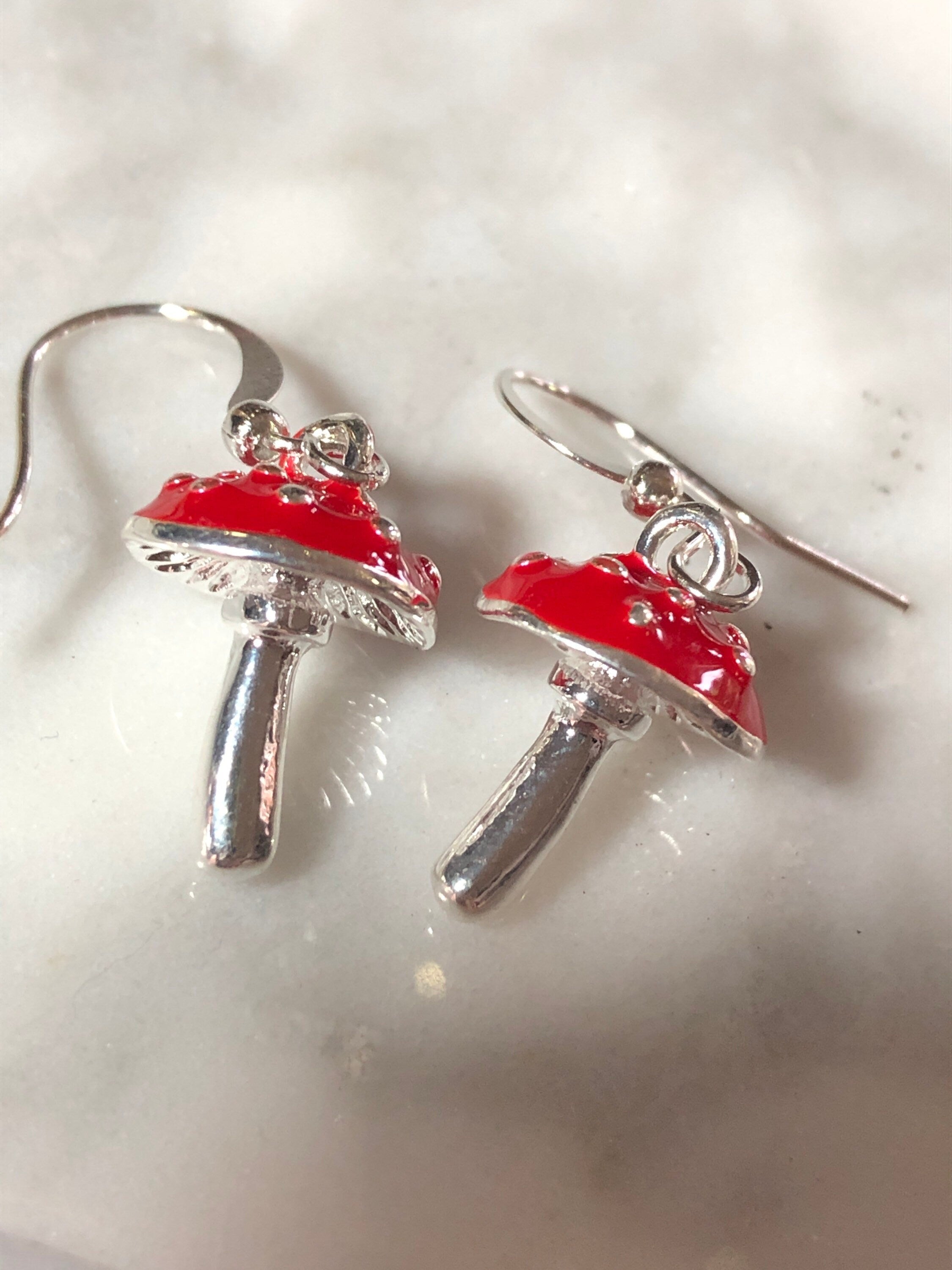 Novelty red and silver Fairy toadstool drop earrings for pierced ears