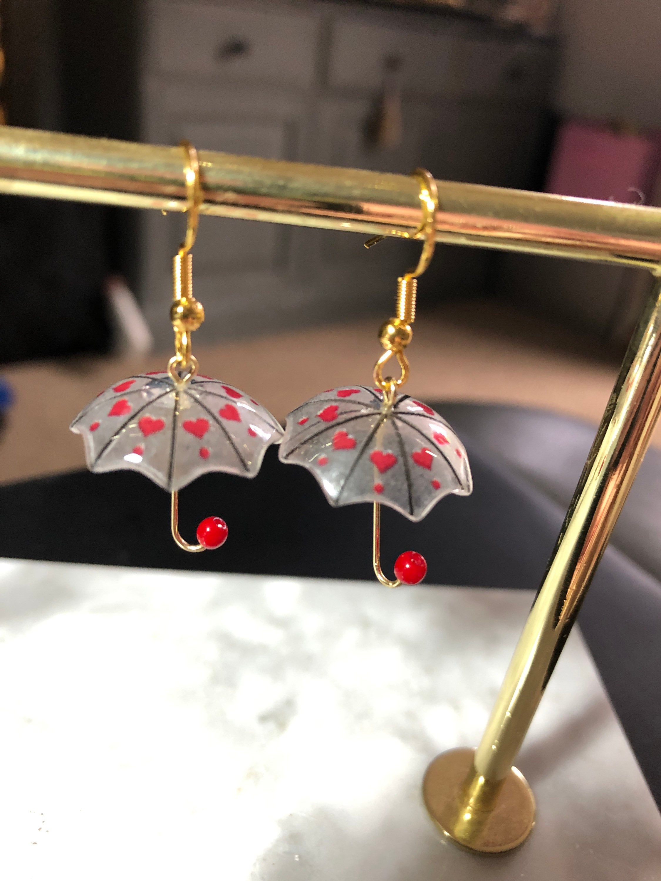 Novelty red and silver Fairy toadstool drop earrings for pierced ears