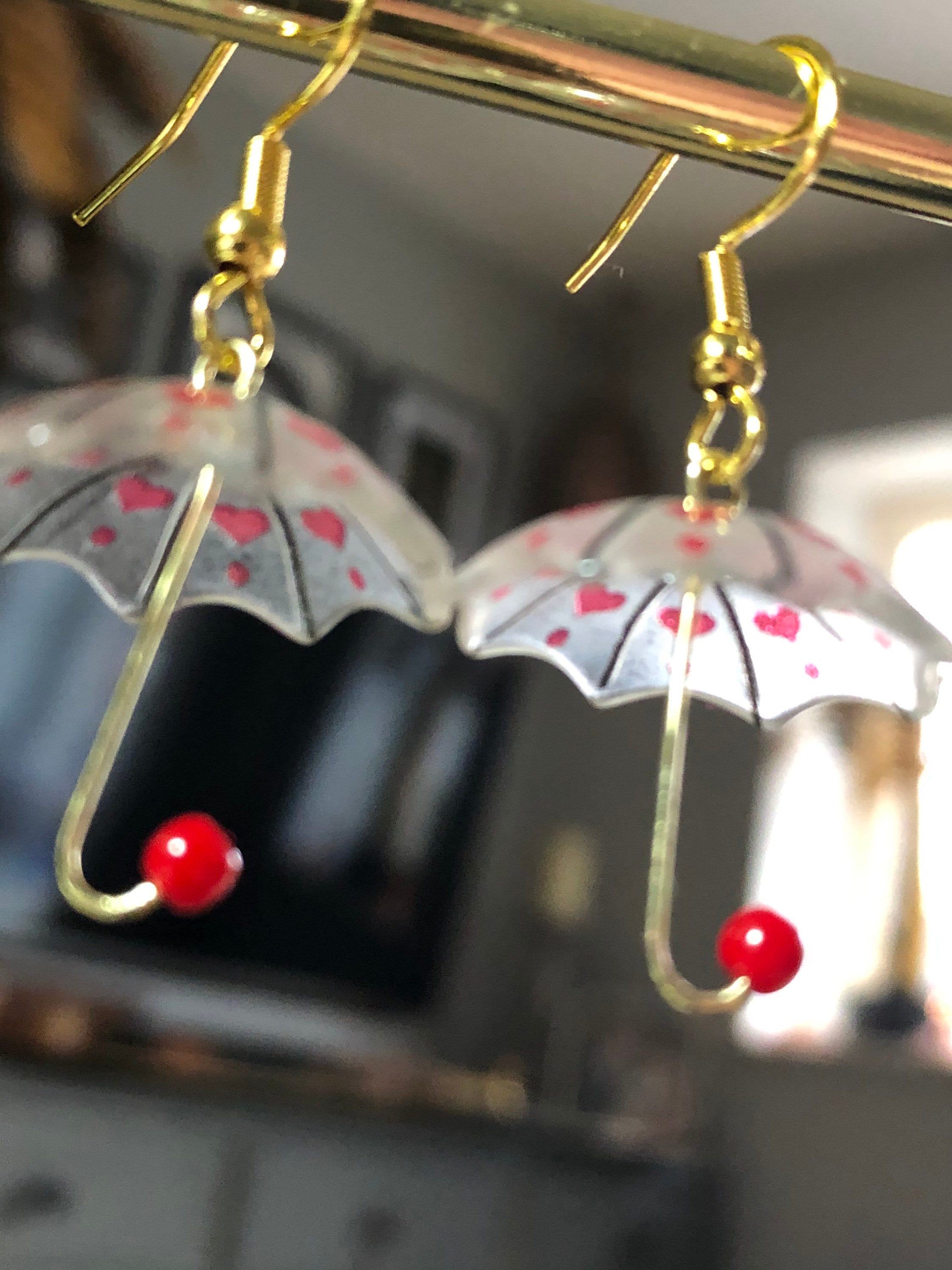 Retro style Novelty gold tone red heart umbrella drop earrings for pierced ears