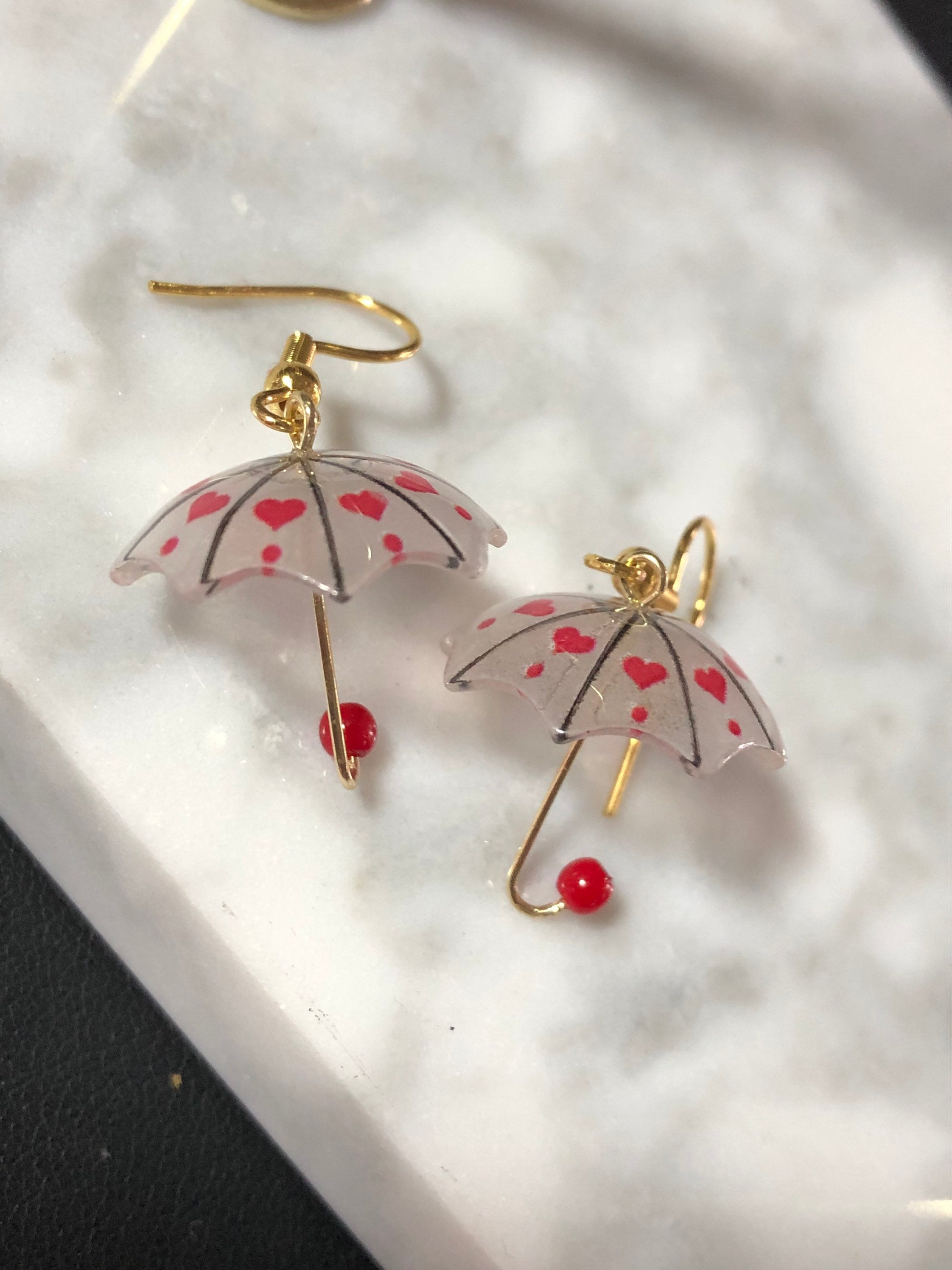 Retro style Novelty gold tone red heart umbrella drop earrings for pierced ears