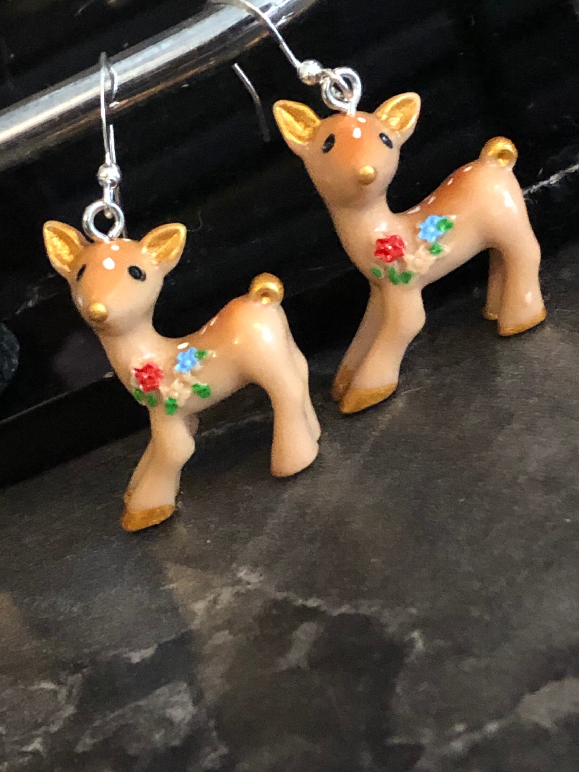 vintage brown Baby Deer dangly earrings pierced kitsch style