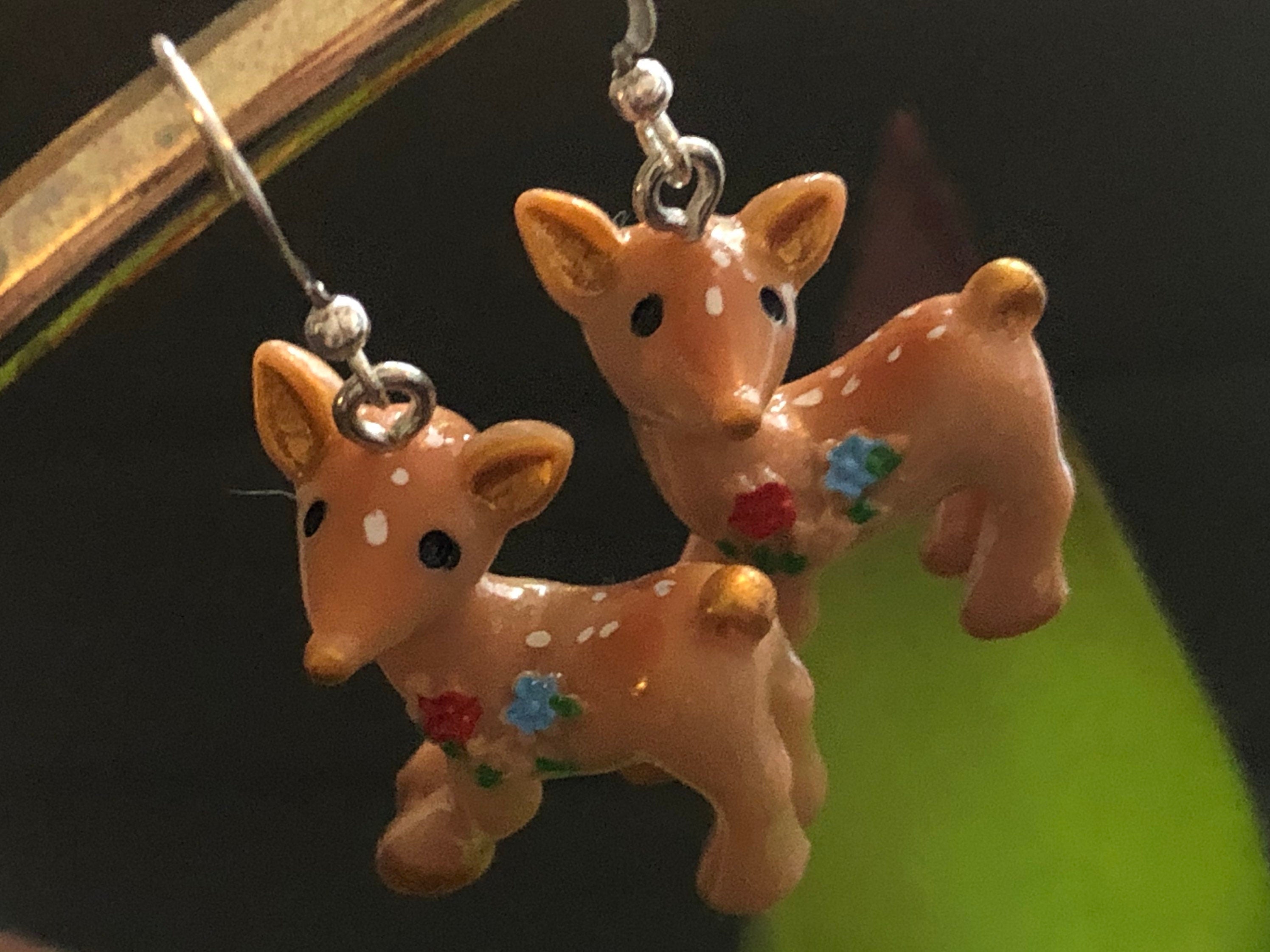 vintage brown Baby Deer dangly earrings pierced kitsch style