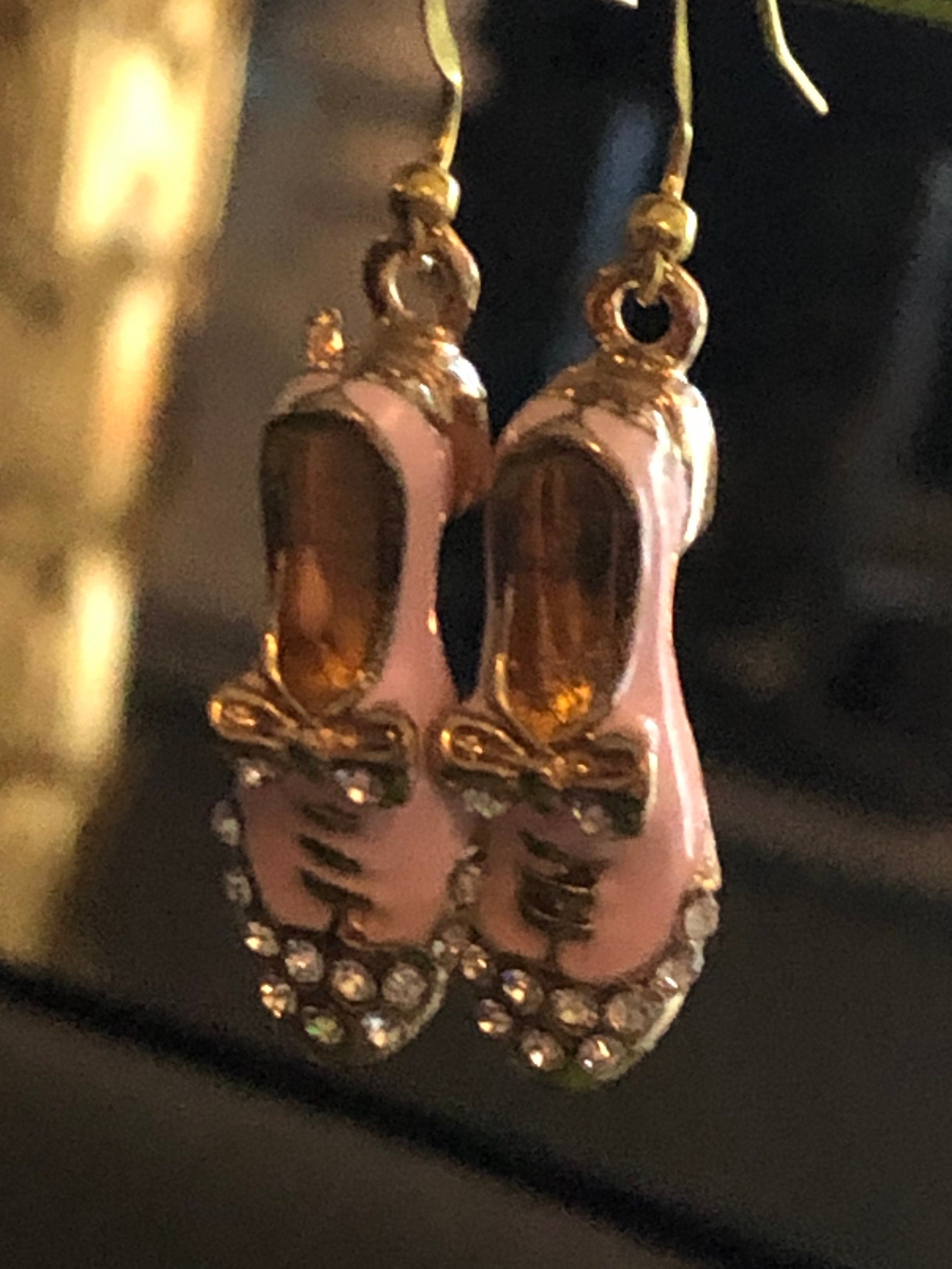 brogue shoe drop earrings for pierced ears PINK enamel diamanté