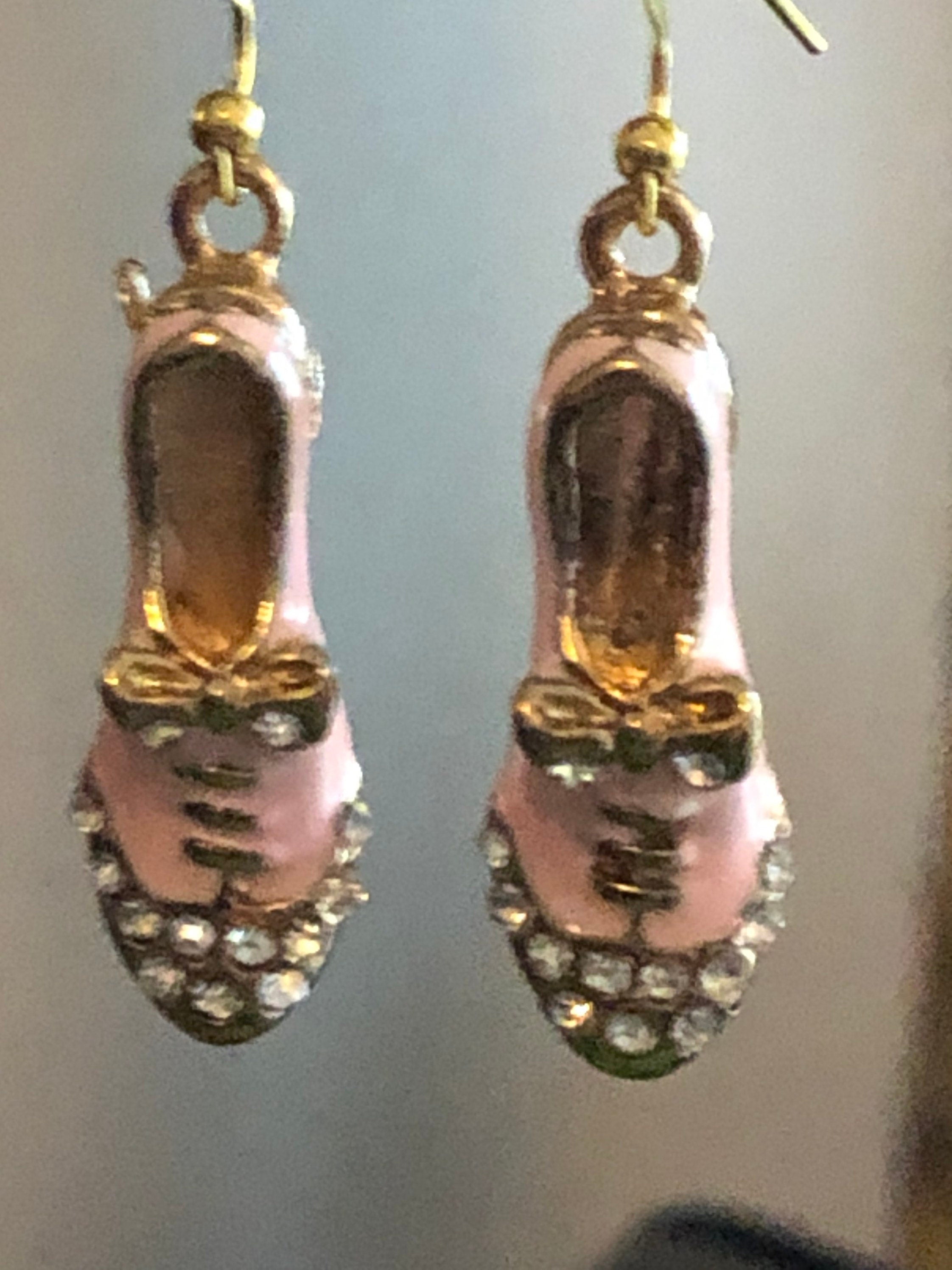 brogue shoe drop earrings for pierced ears PINK enamel diamanté