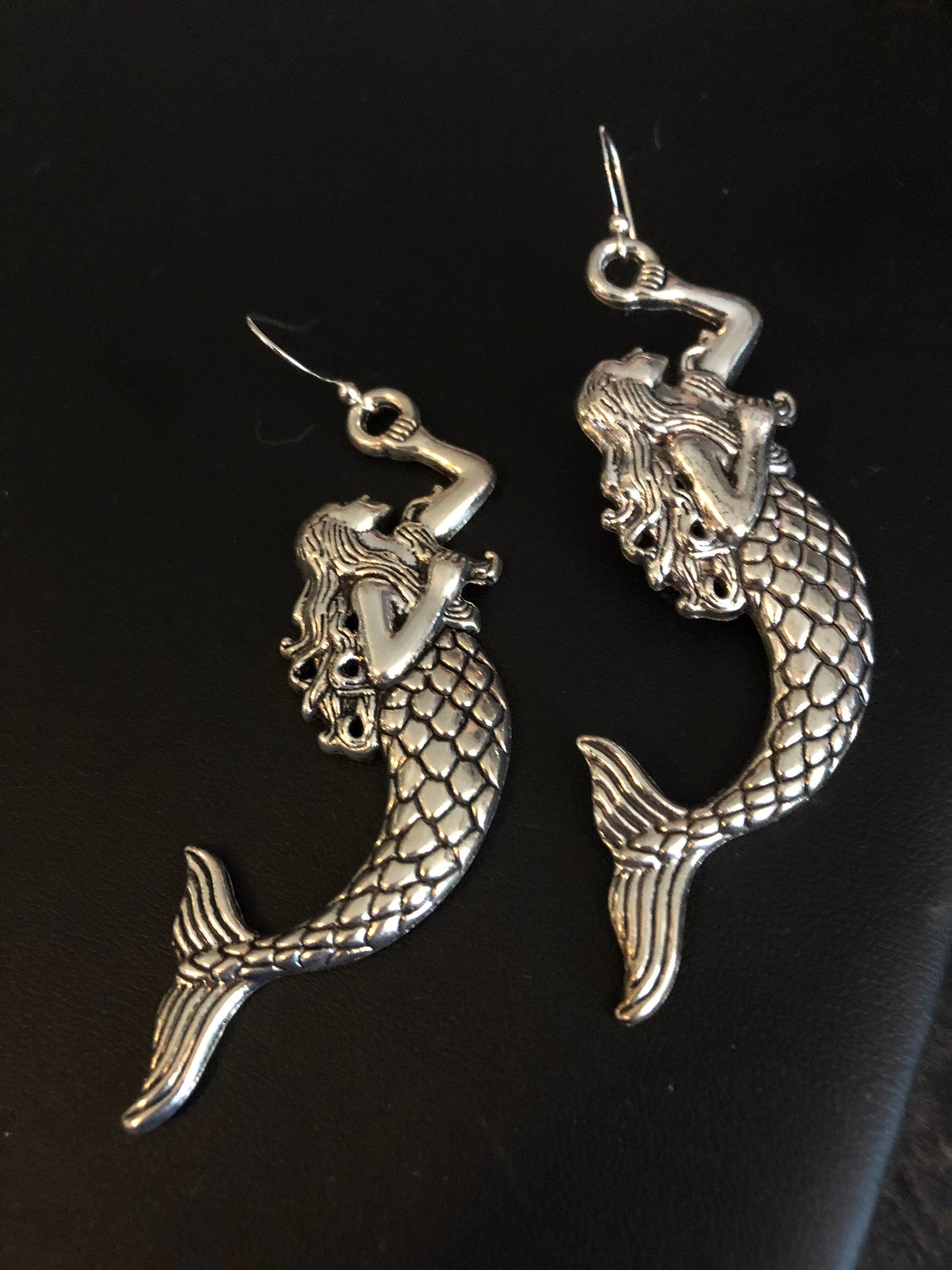 Oversized 8cm long antique silver tone metal Mermaid drop earrings