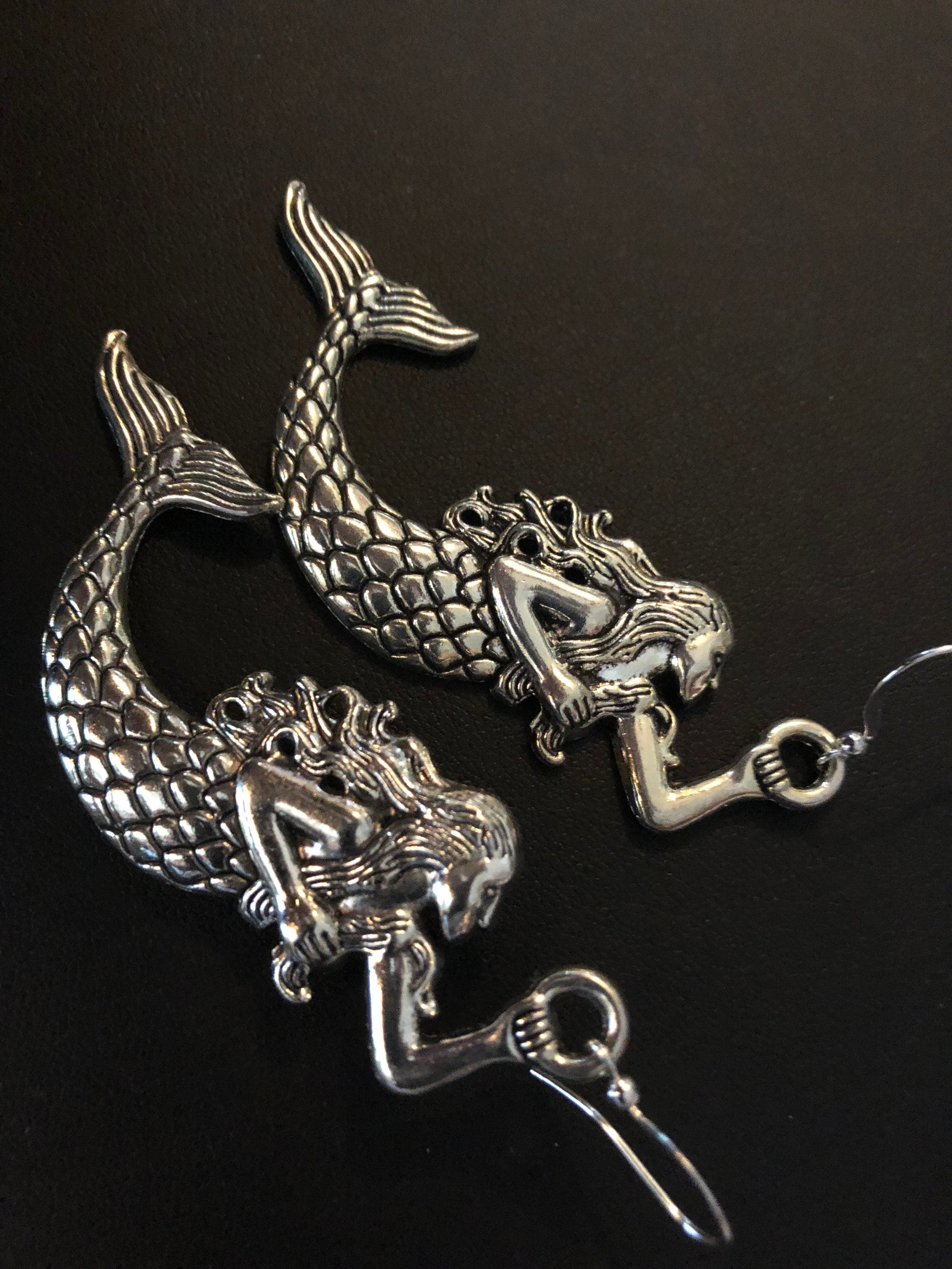 Oversized 8cm long antique silver tone metal Mermaid drop earrings
