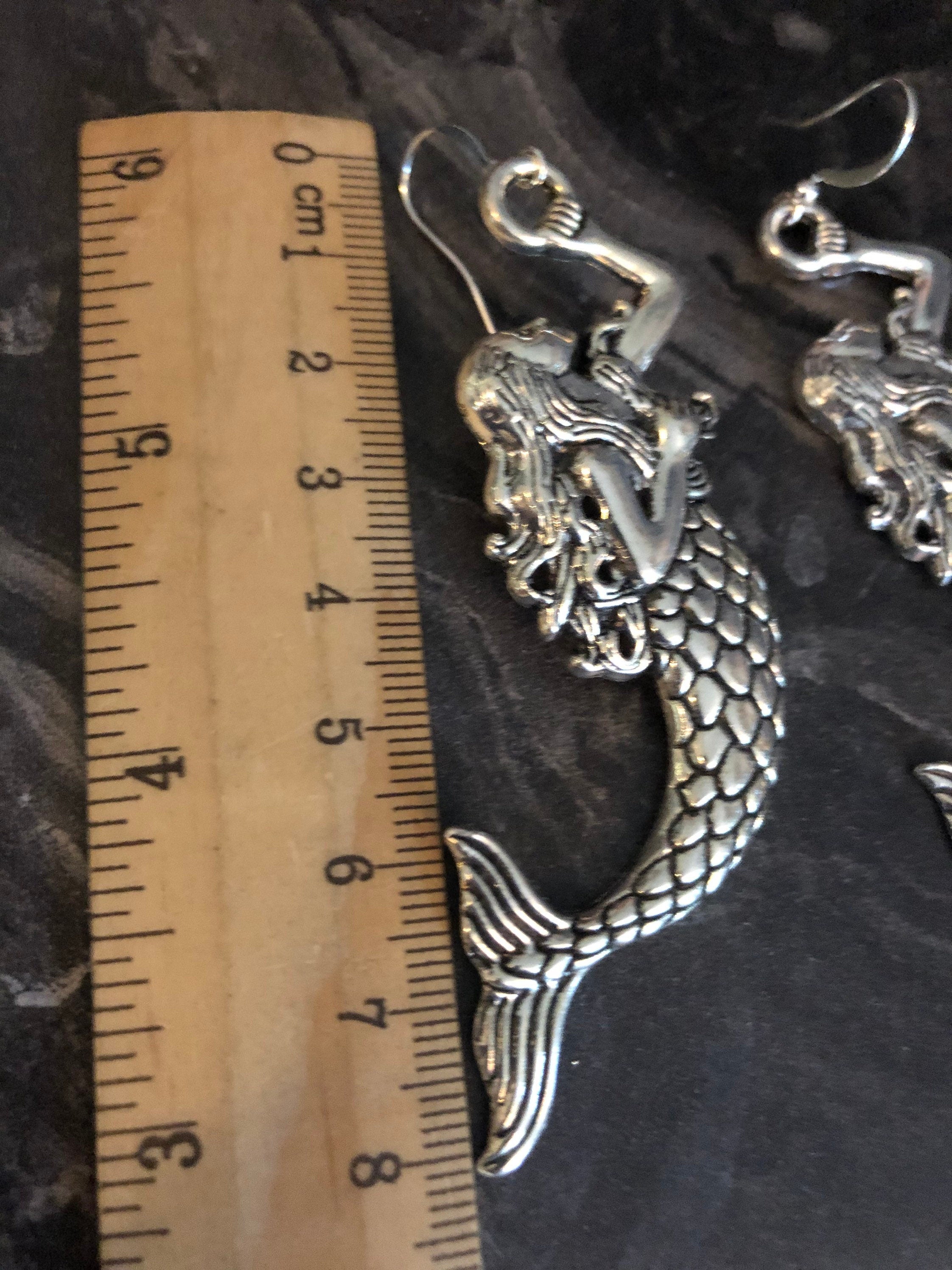 Oversized 8cm long antique silver tone metal Mermaid drop earrings