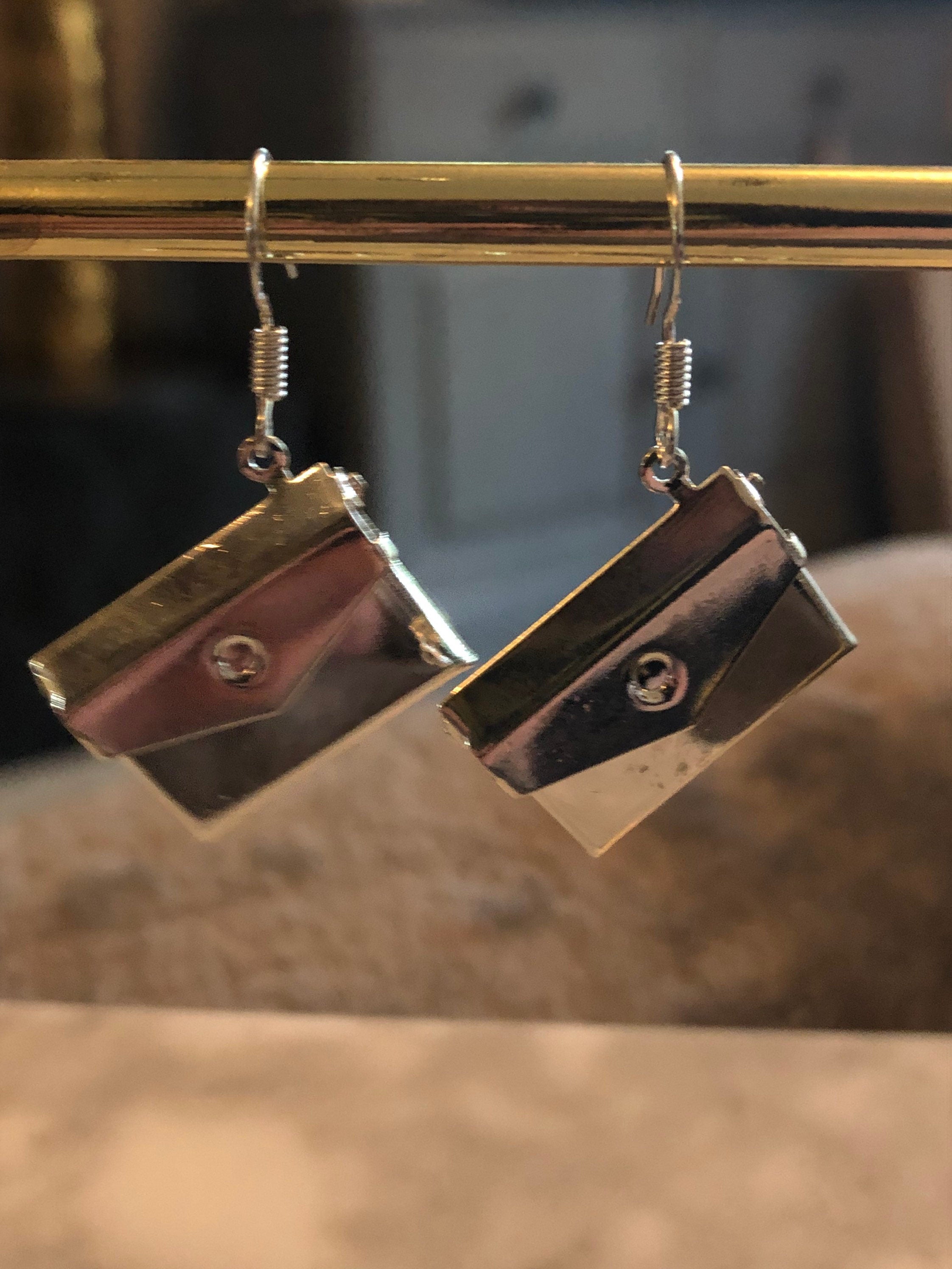 silver envelope drop earrings metal articulated opening for pierced ears