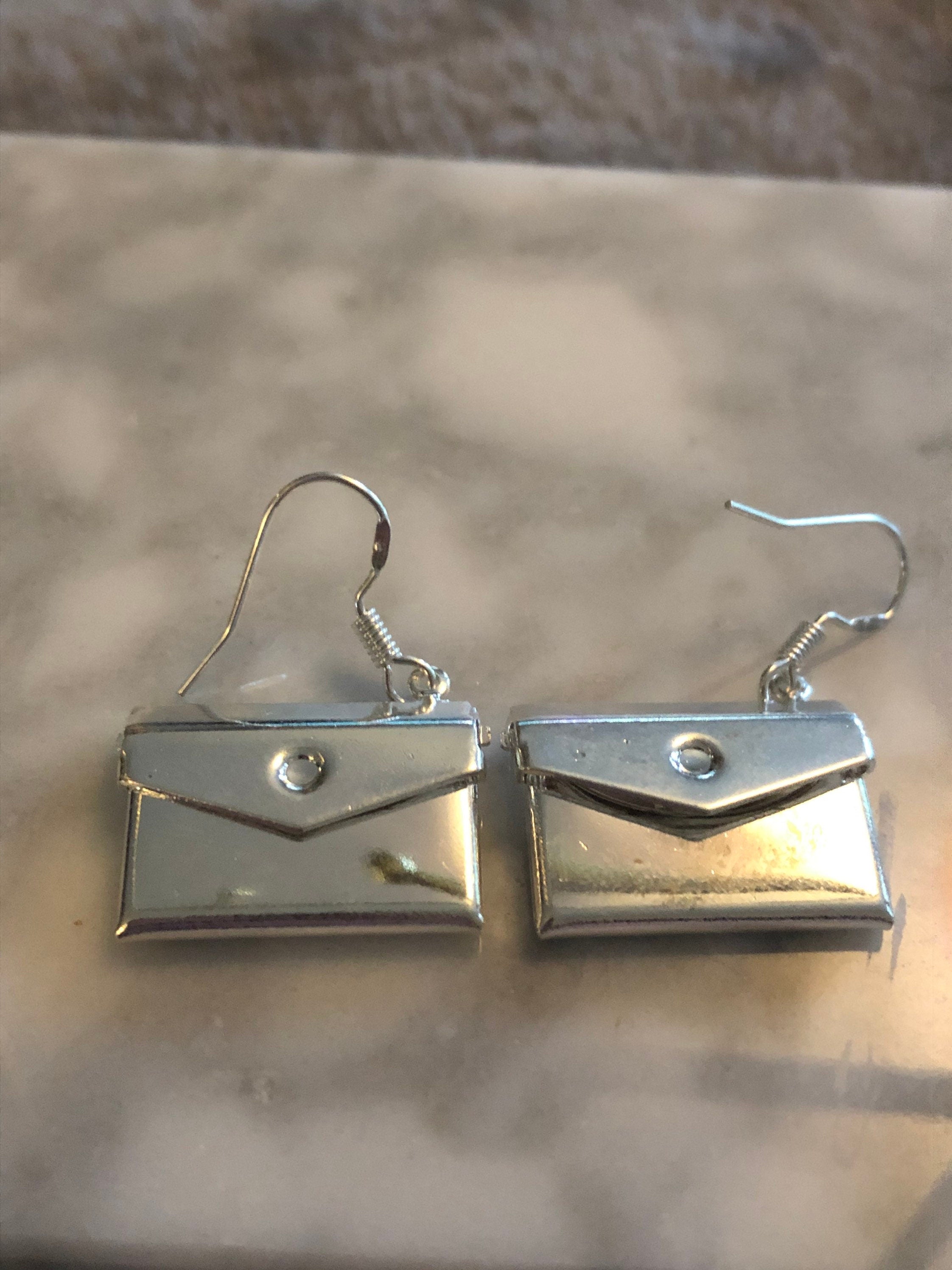 silver envelope drop earrings metal articulated opening for pierced ears