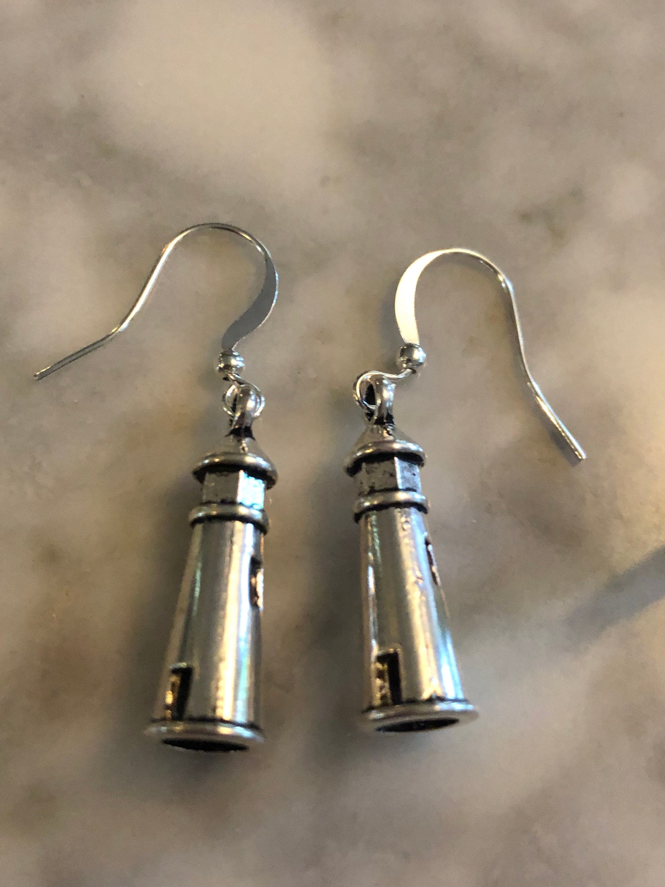 Nautical silver metal lighthouse dangly earrings pierced ears