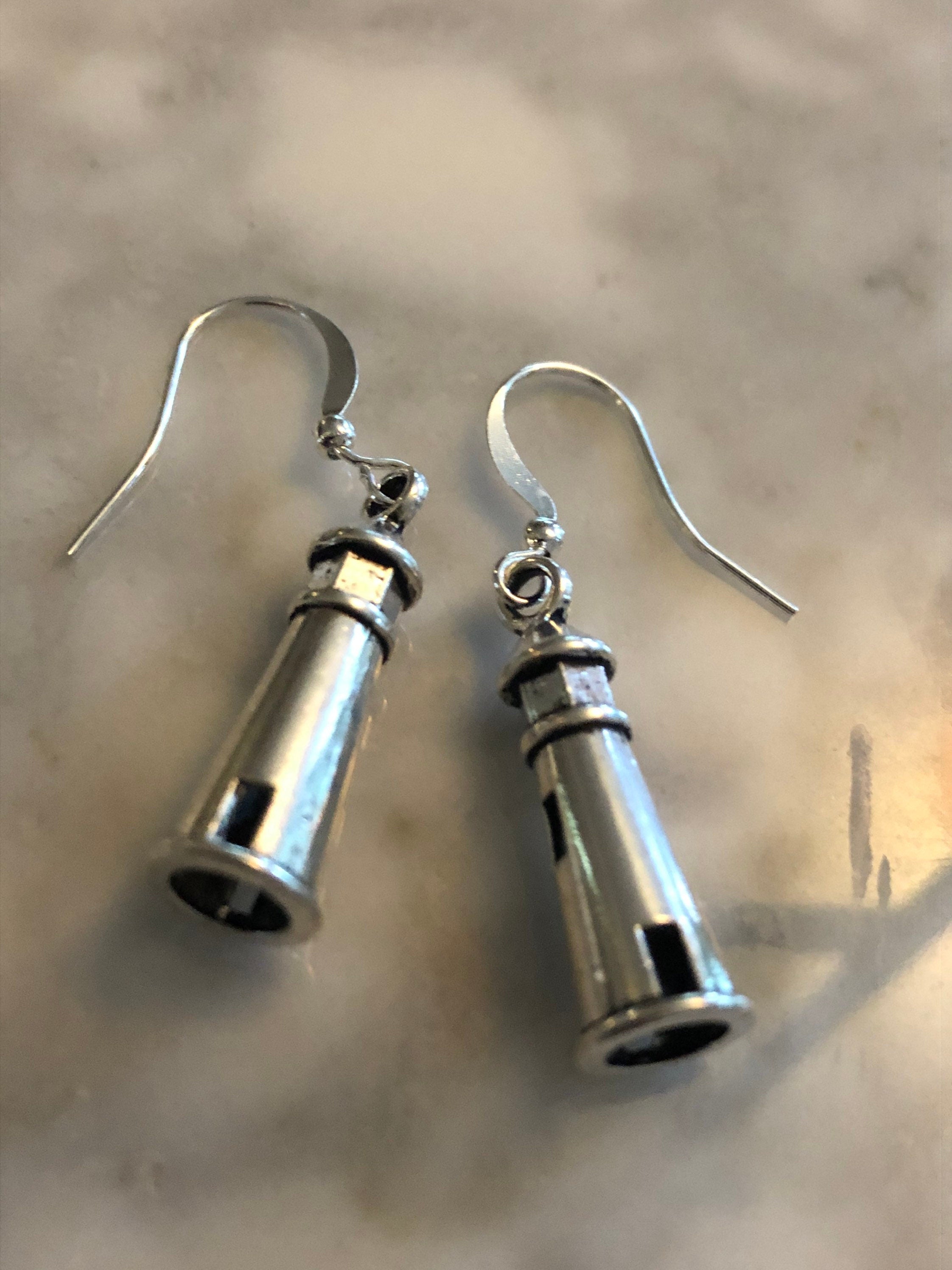 Nautical silver metal lighthouse dangly earrings pierced ears