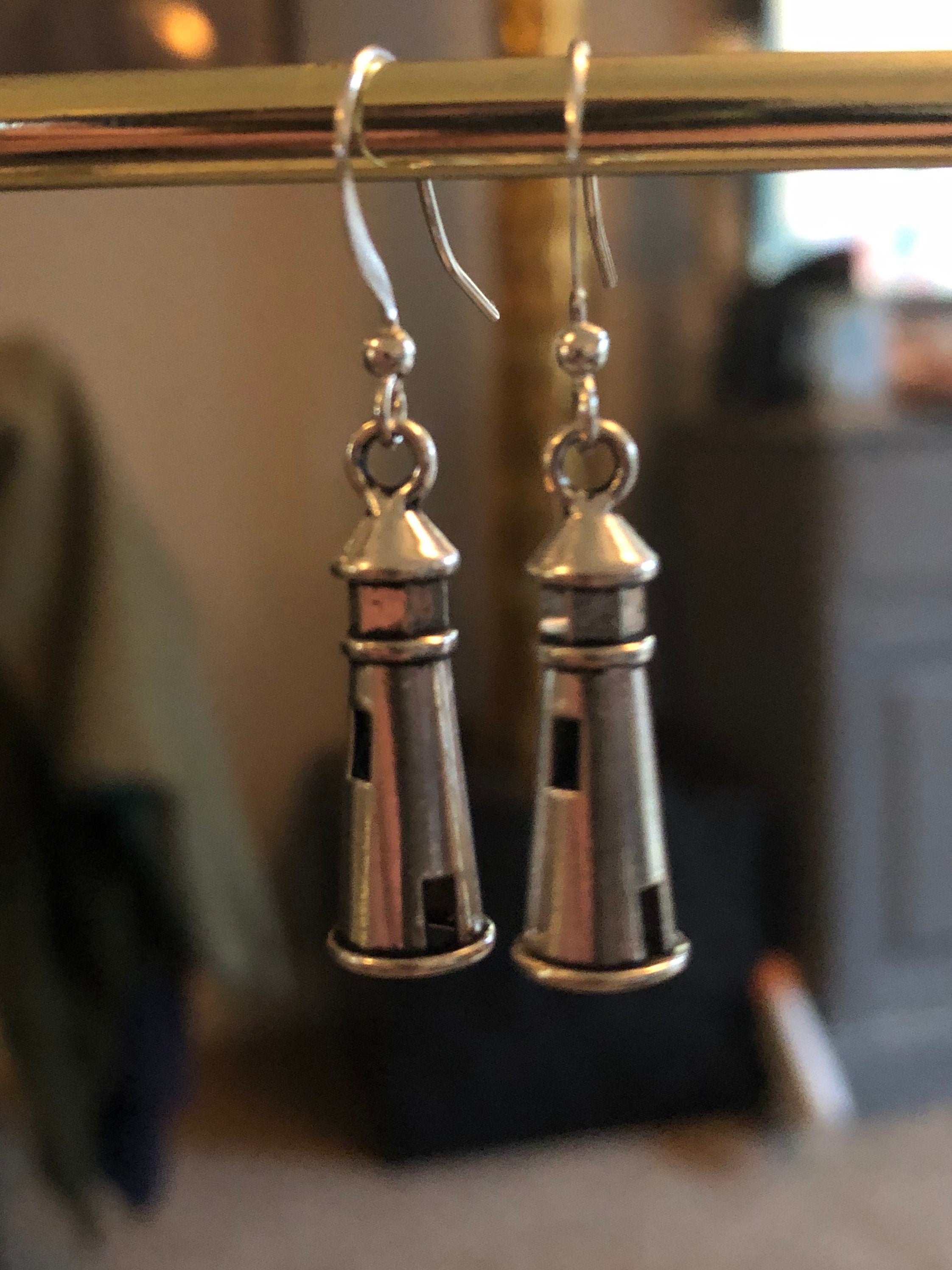 Nautical silver metal lighthouse dangly earrings pierced ears