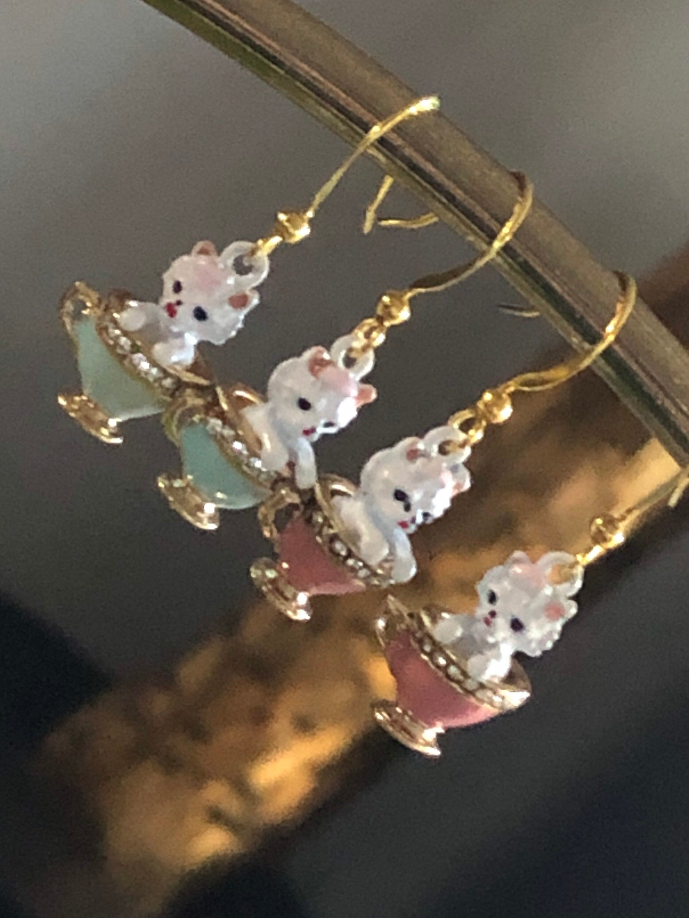 Kittens in teacups small drop earrings, PINK enamel diamanté