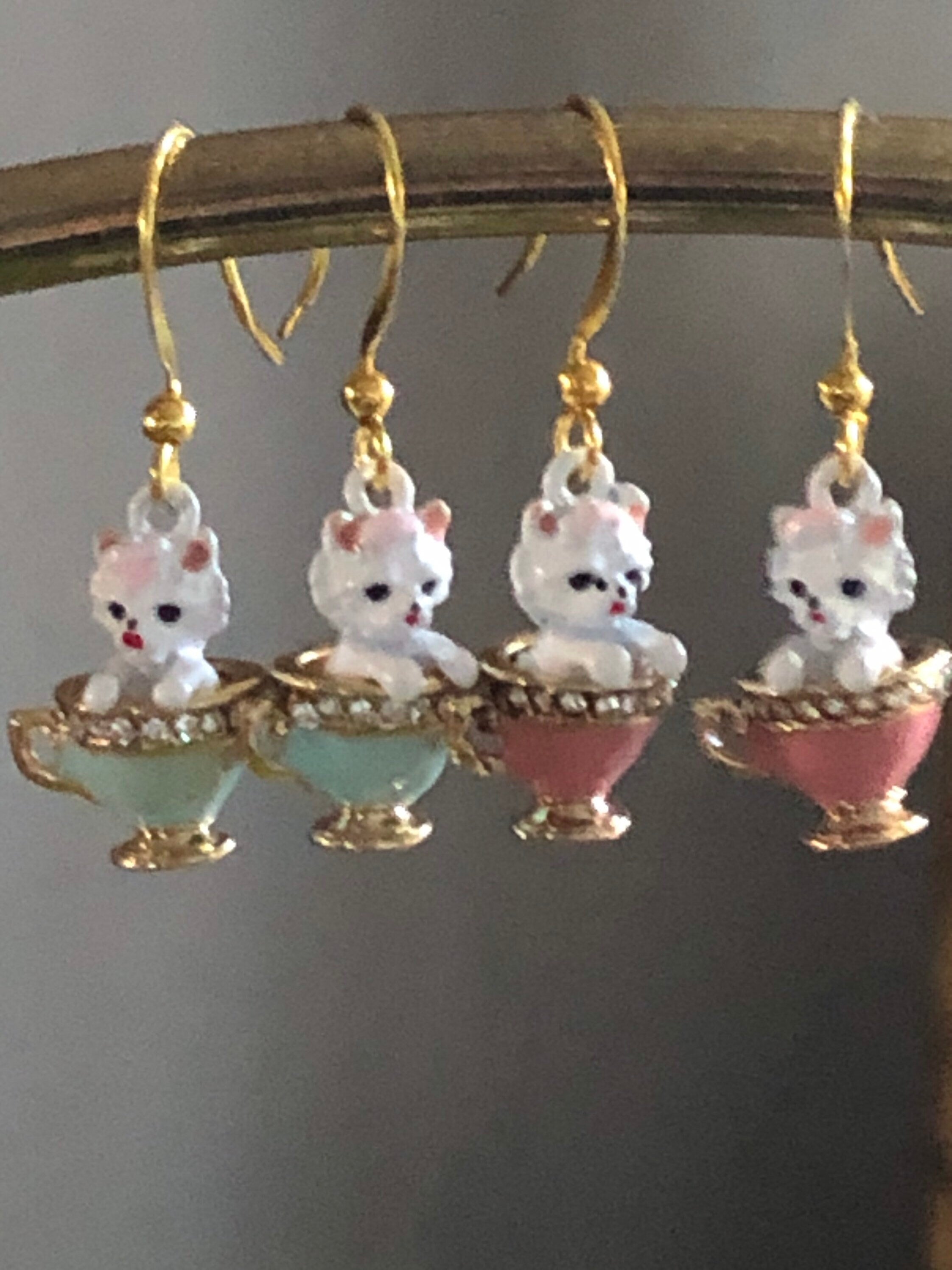 Kittens in teacups small drop earrings, PINK enamel diamanté