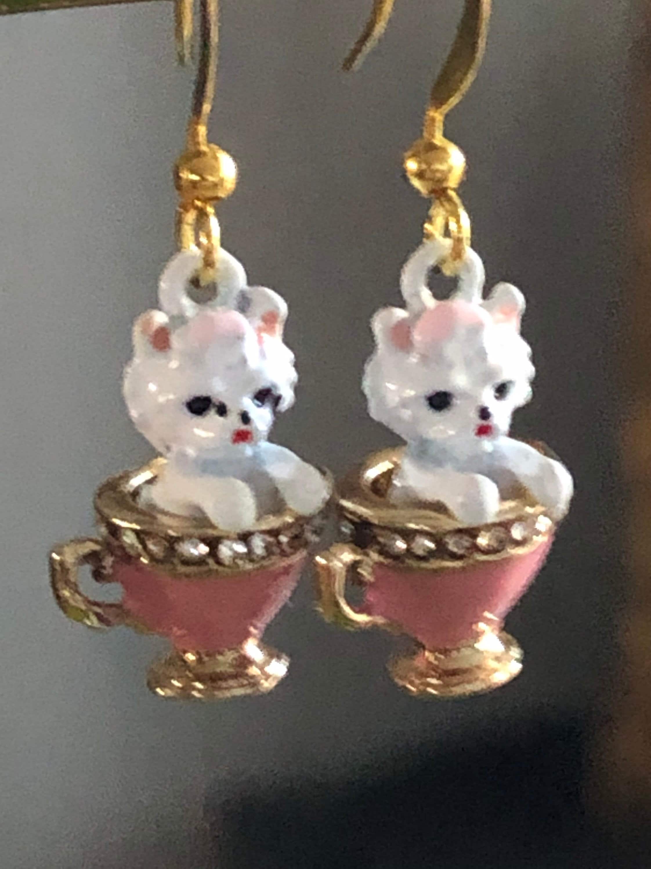 Kittens in teacups small drop earrings, PINK enamel diamanté