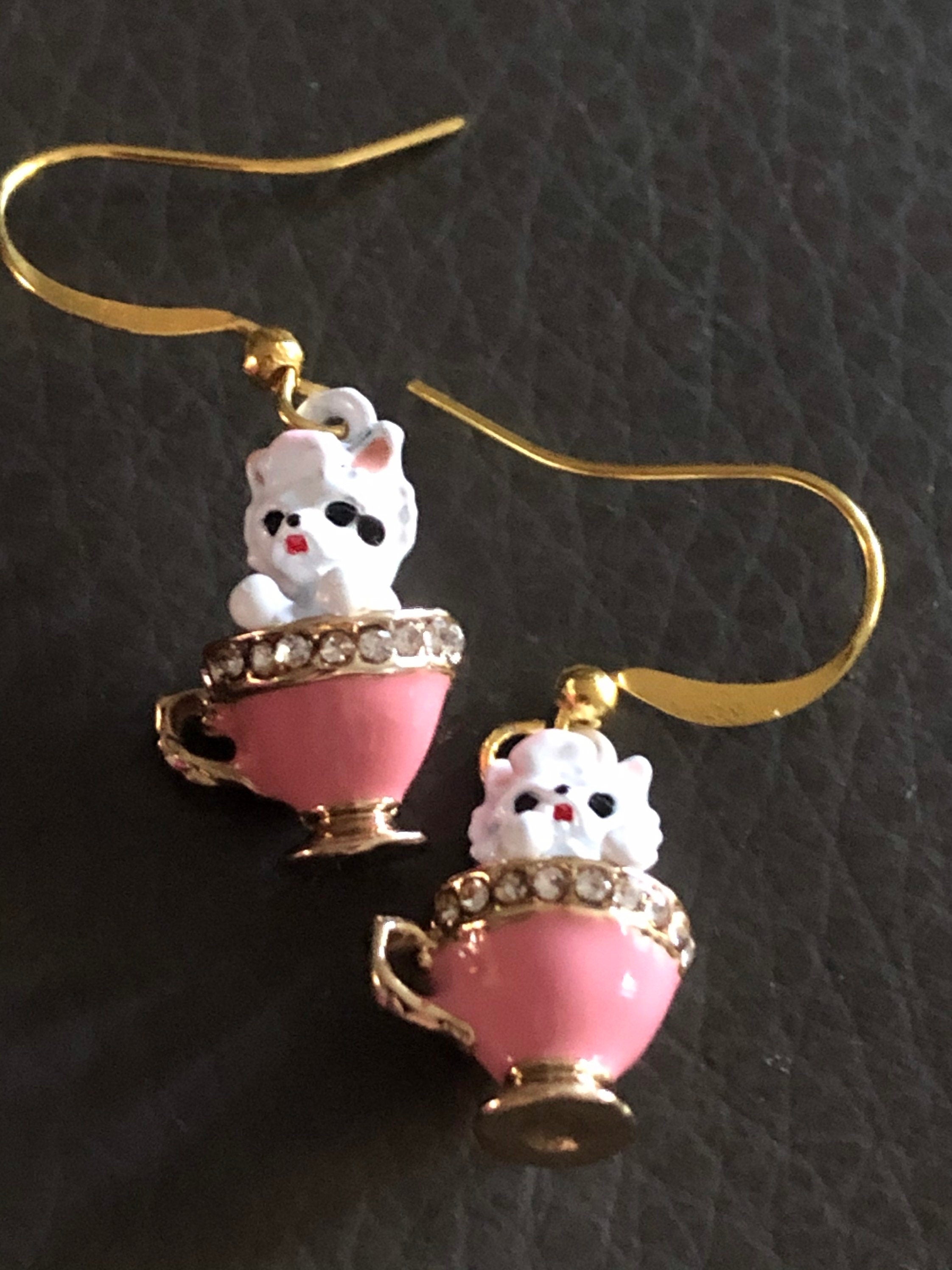 Kittens in teacups small drop earrings, PINK enamel diamanté