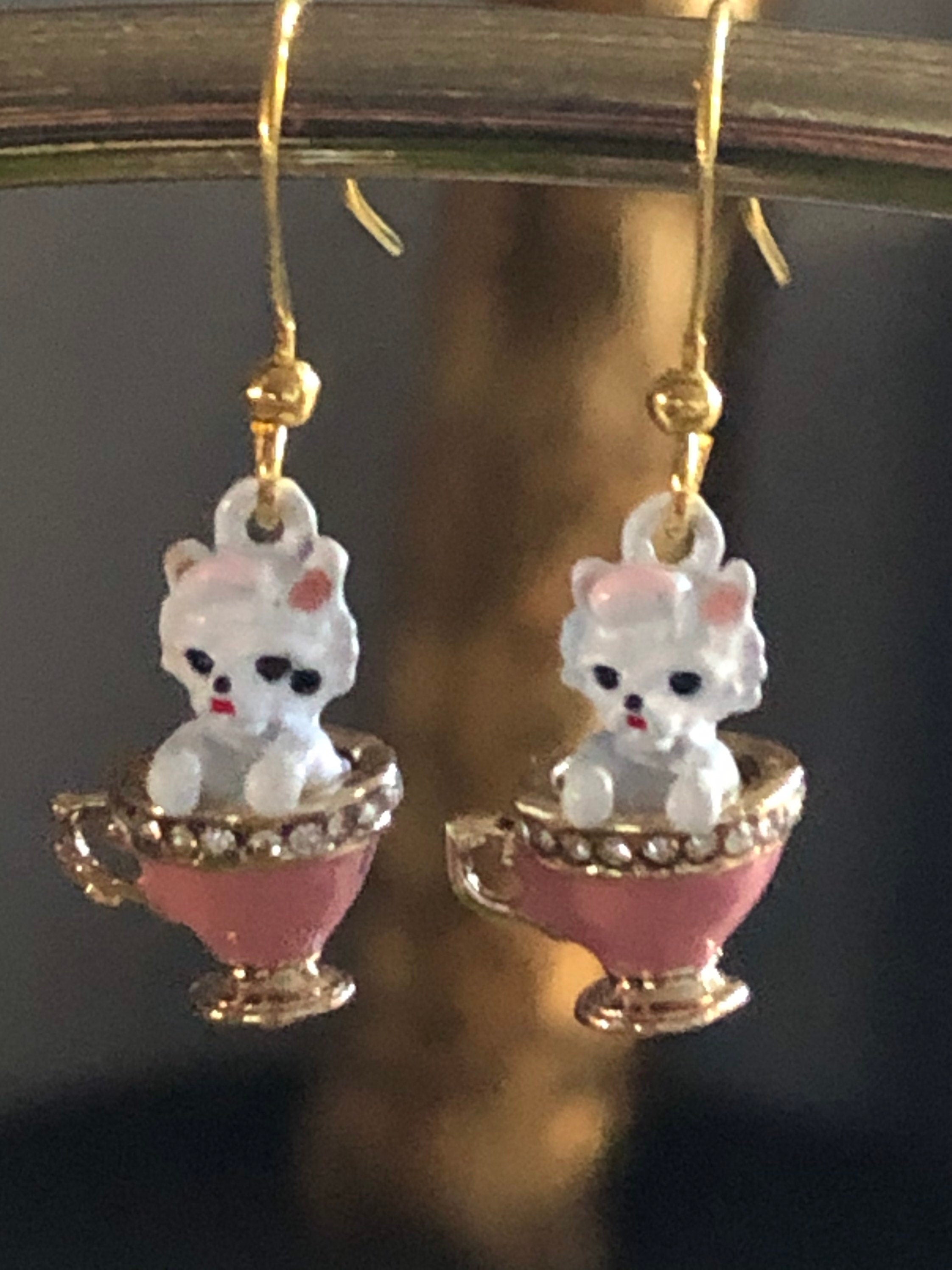 Kittens in teacups small drop earrings, PINK enamel diamanté