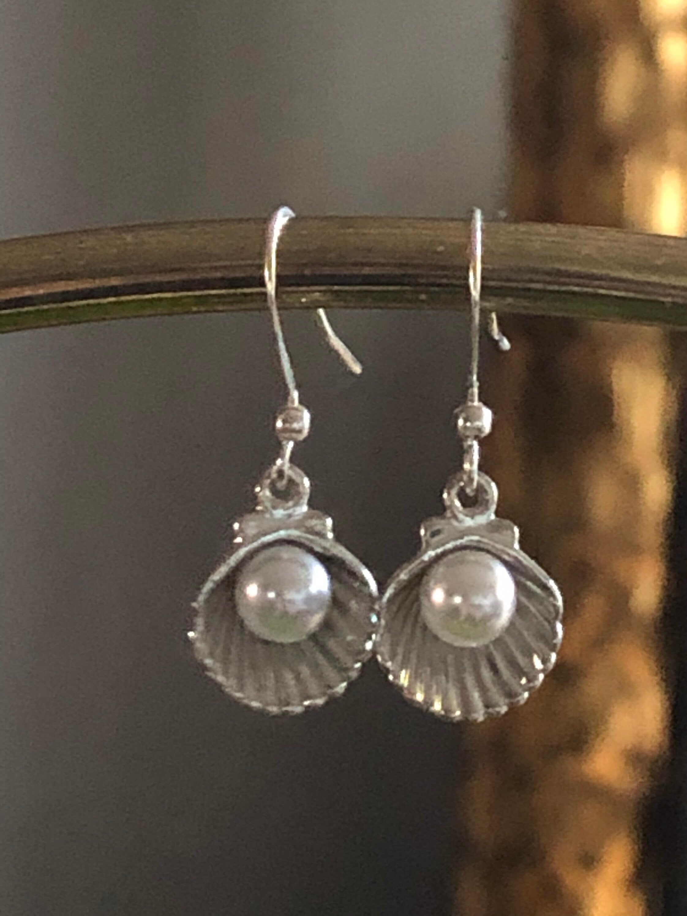 oyster with faux pearl earrings silver small drop shell pierced ears